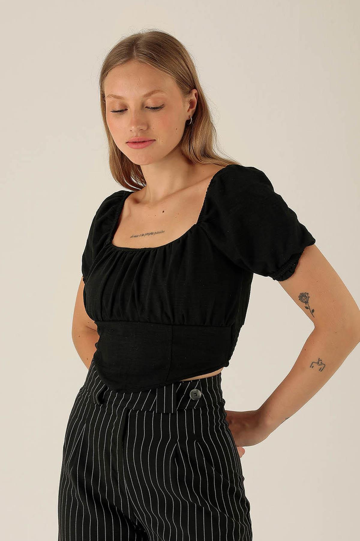 Madonna Yaka Keten Bluz - 10414 Siyah 