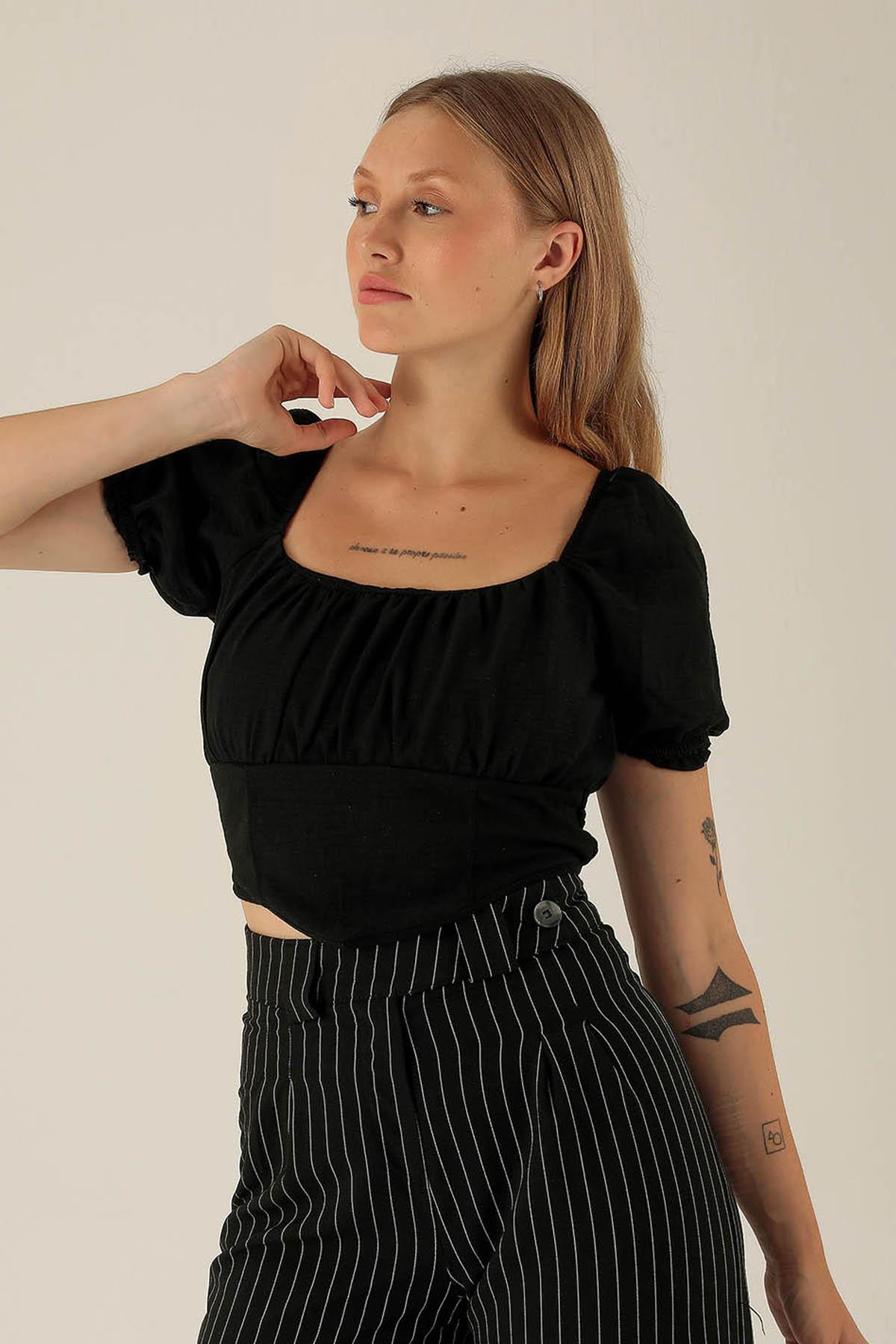 Madonna Yaka Keten Bluz - 10414 Siyah - 2