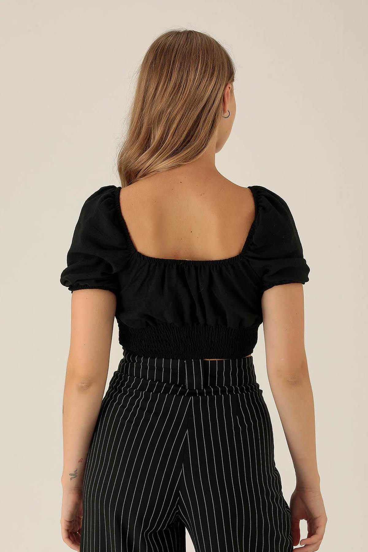 Madonna Yaka Keten Bluz - 10414 Siyah - 3