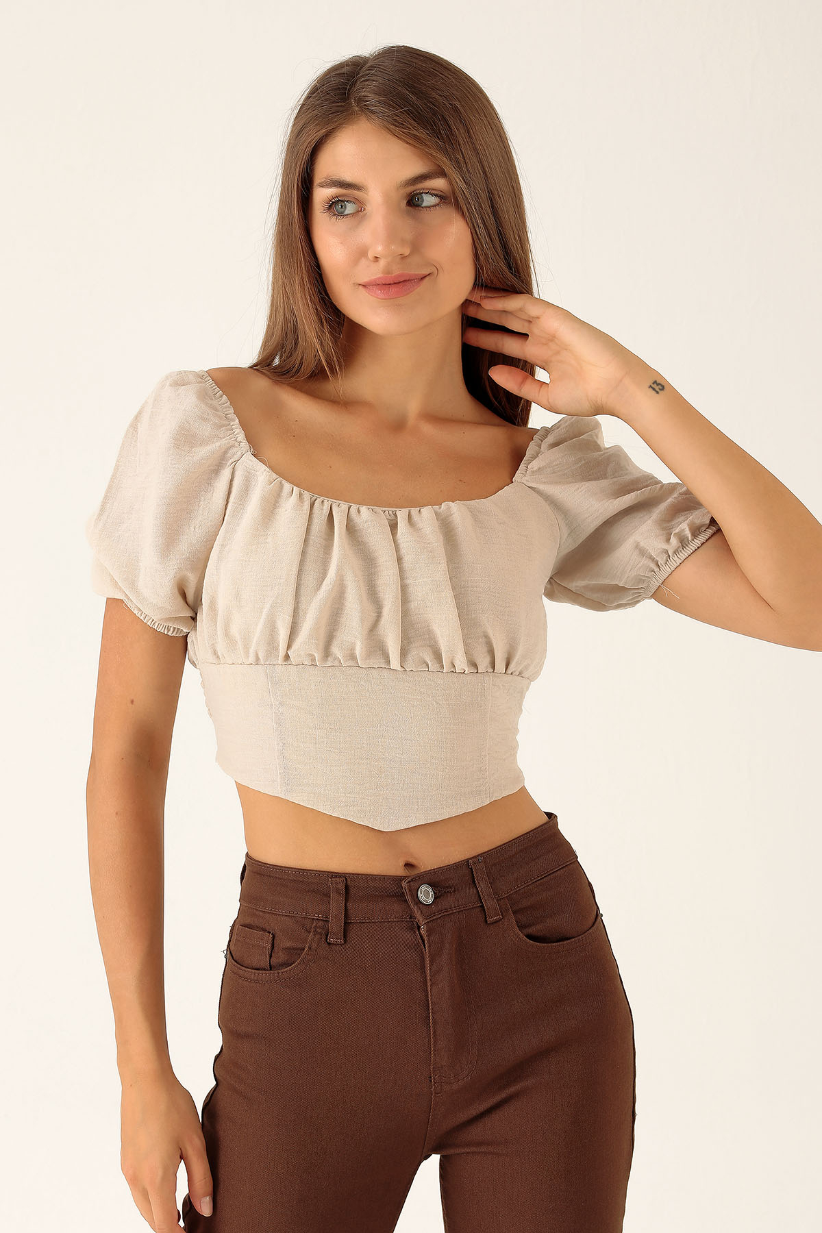 Madonna Yaka Keten Bluz - 10414 Taş 