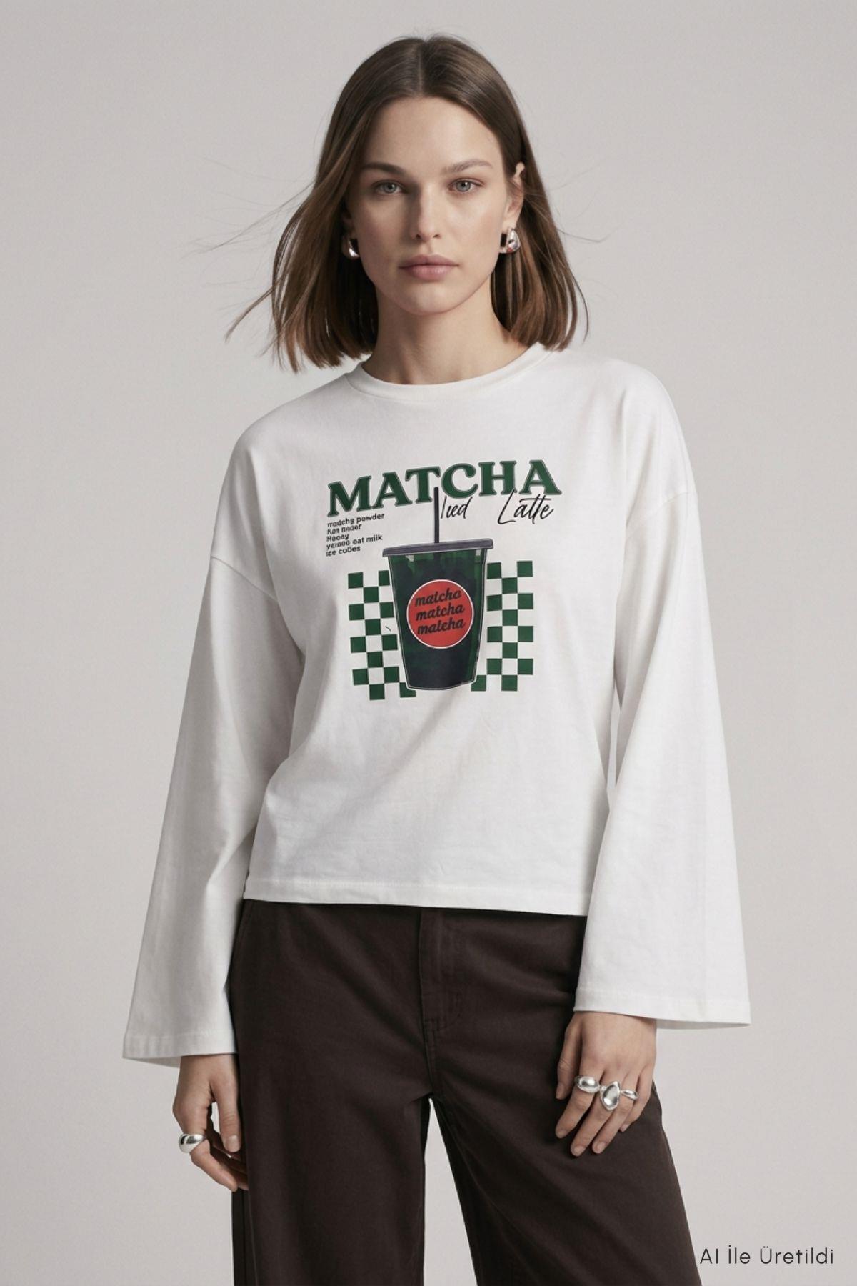 Matcha Baskılı Geniş Kol Oversize Body 31153 Ekru - RAYS