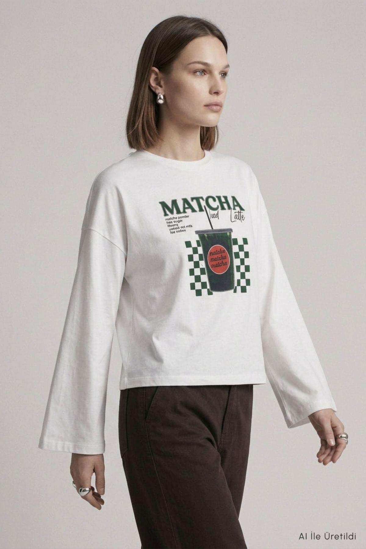 Matcha Baskılı Geniş Kol Oversize Body 31153 Ekru - RAYS (1)