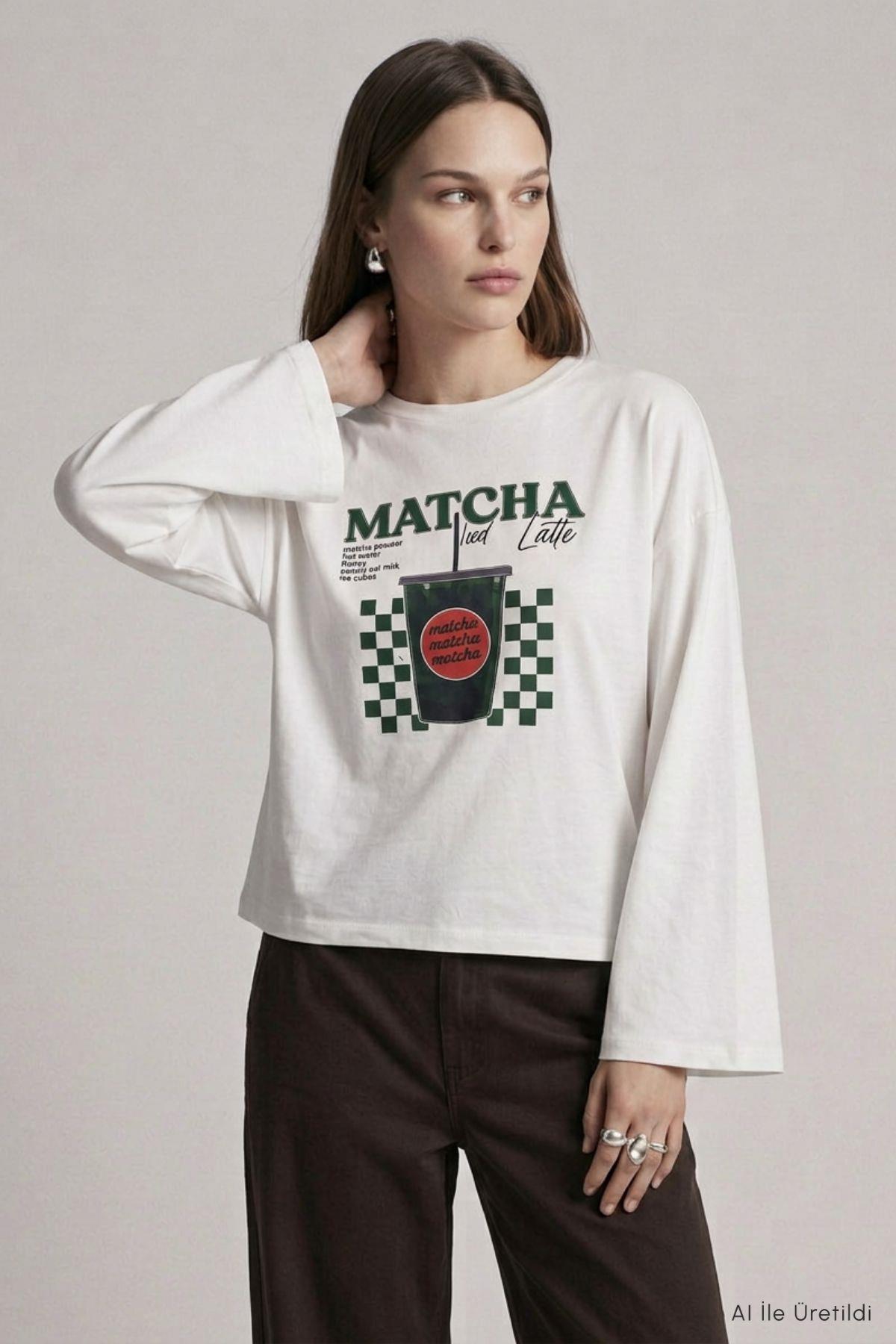 Matcha Baskılı Geniş Kol Oversize Body 31153 Ekru - 3