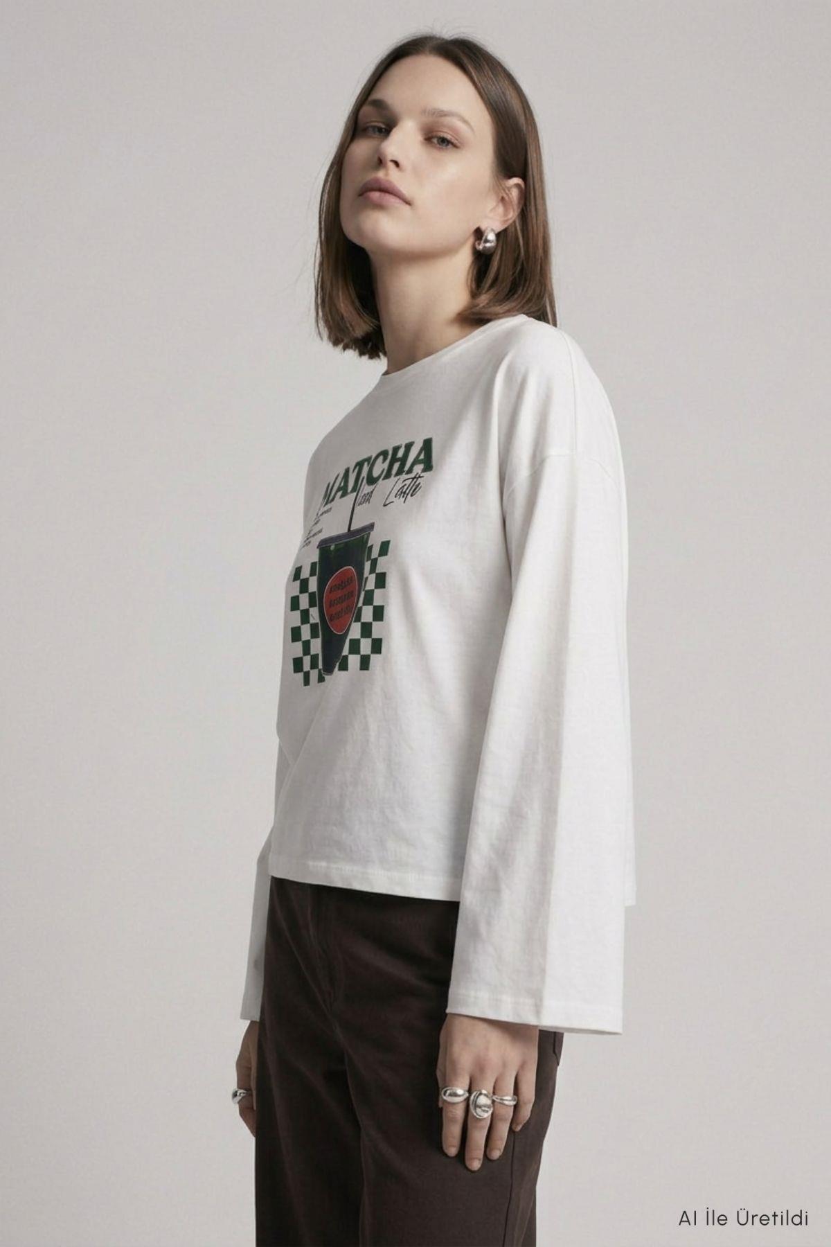Matcha Baskılı Geniş Kol Oversize Body 31153 Ekru - RAYS