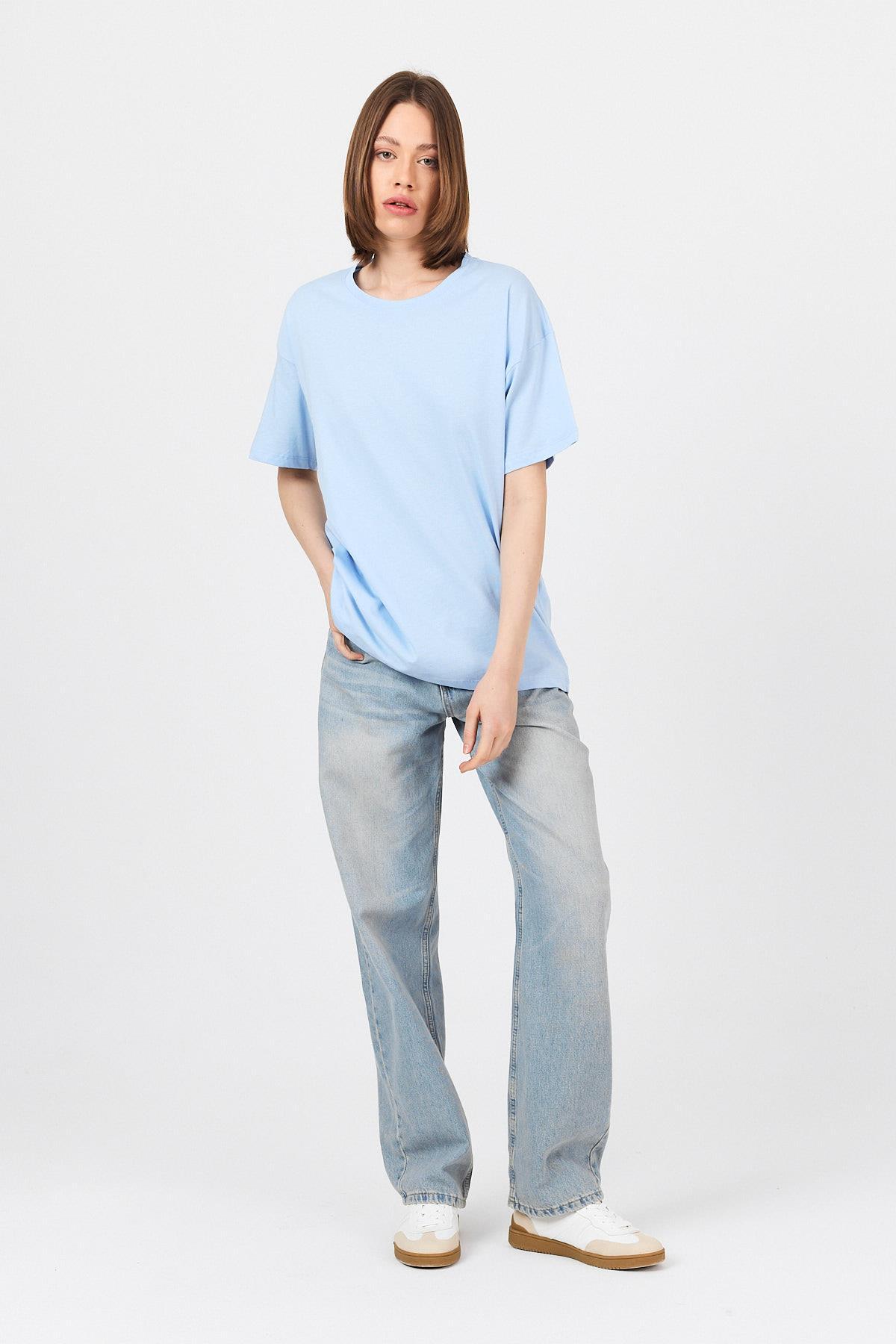 Mavi Arka Yazı Baskılı Kalpli %100 Pamuk Oversize Tişört 2150-33M - 7