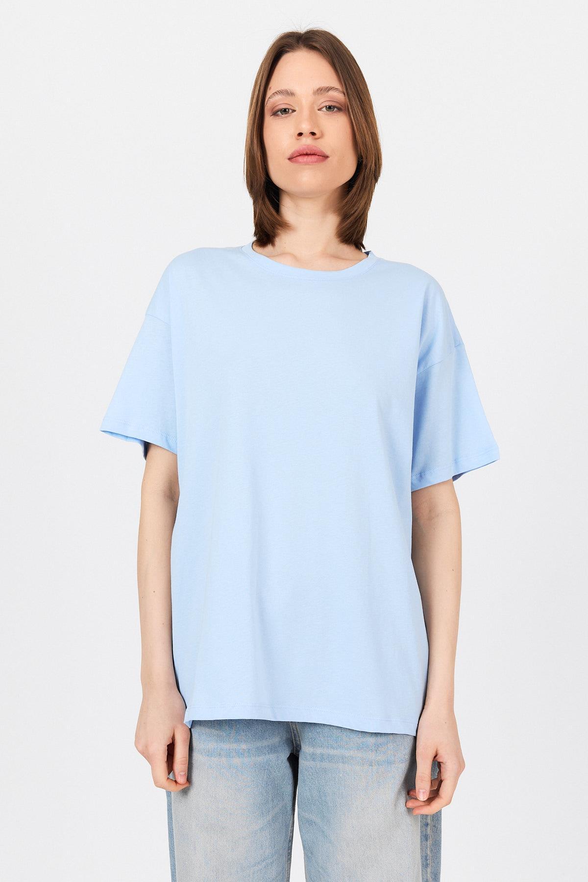 Mavi Arka Yazı Baskılı Kalpli %100 Pamuk Oversize Tişört 2150-33M - 1