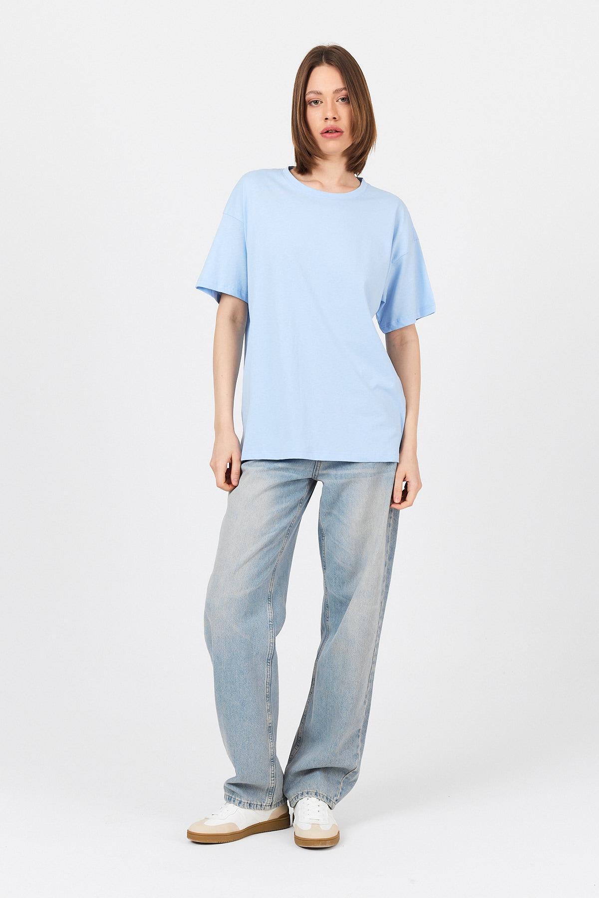 Mavi Arka Yazı Baskılı Kalpli %100 Pamuk Oversize Tişört 2150-33M - 2