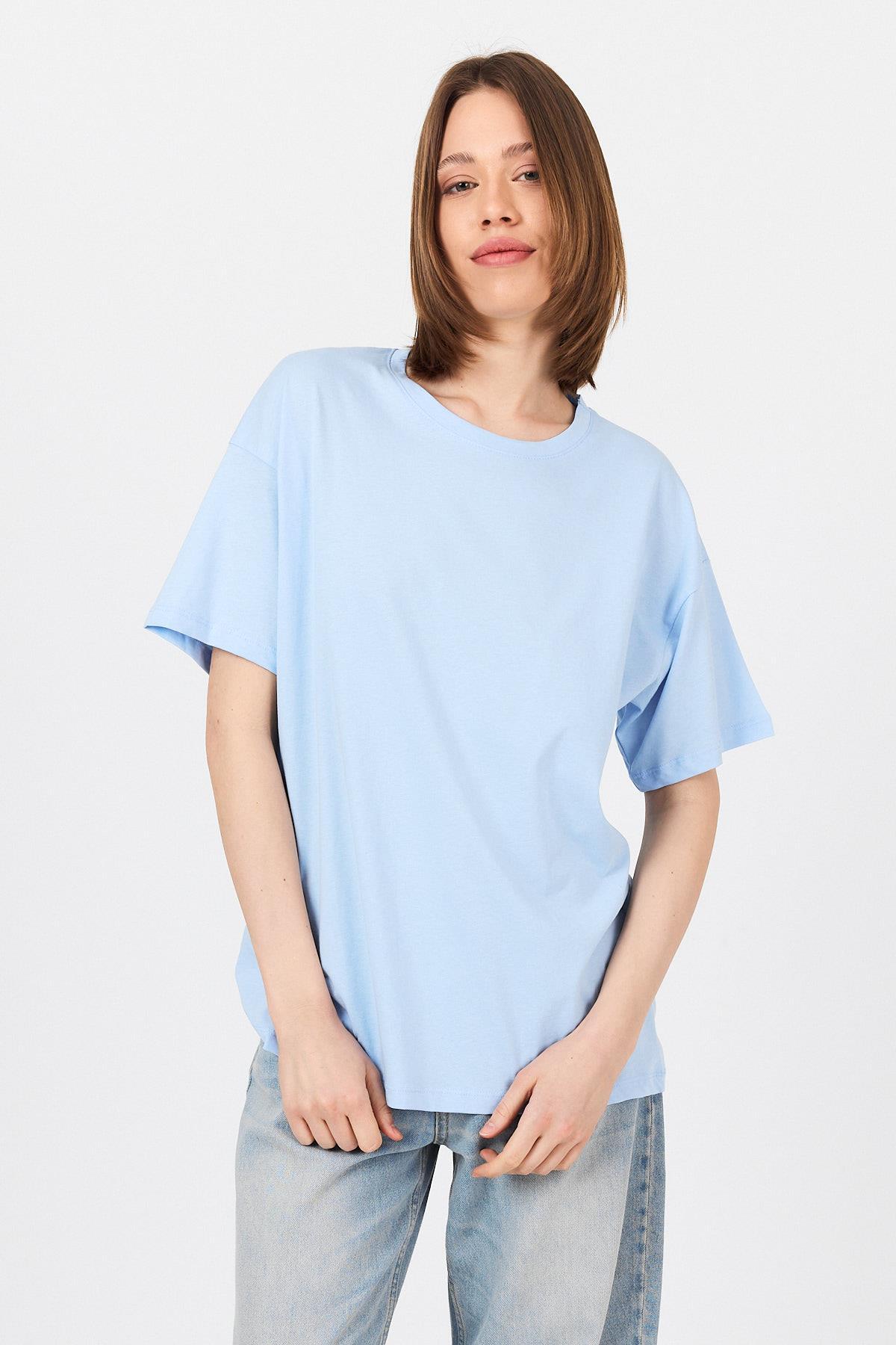 Mavi Arka Yazı Baskılı Kalpli %100 Pamuk Oversize Tişört 2150-33M - 8