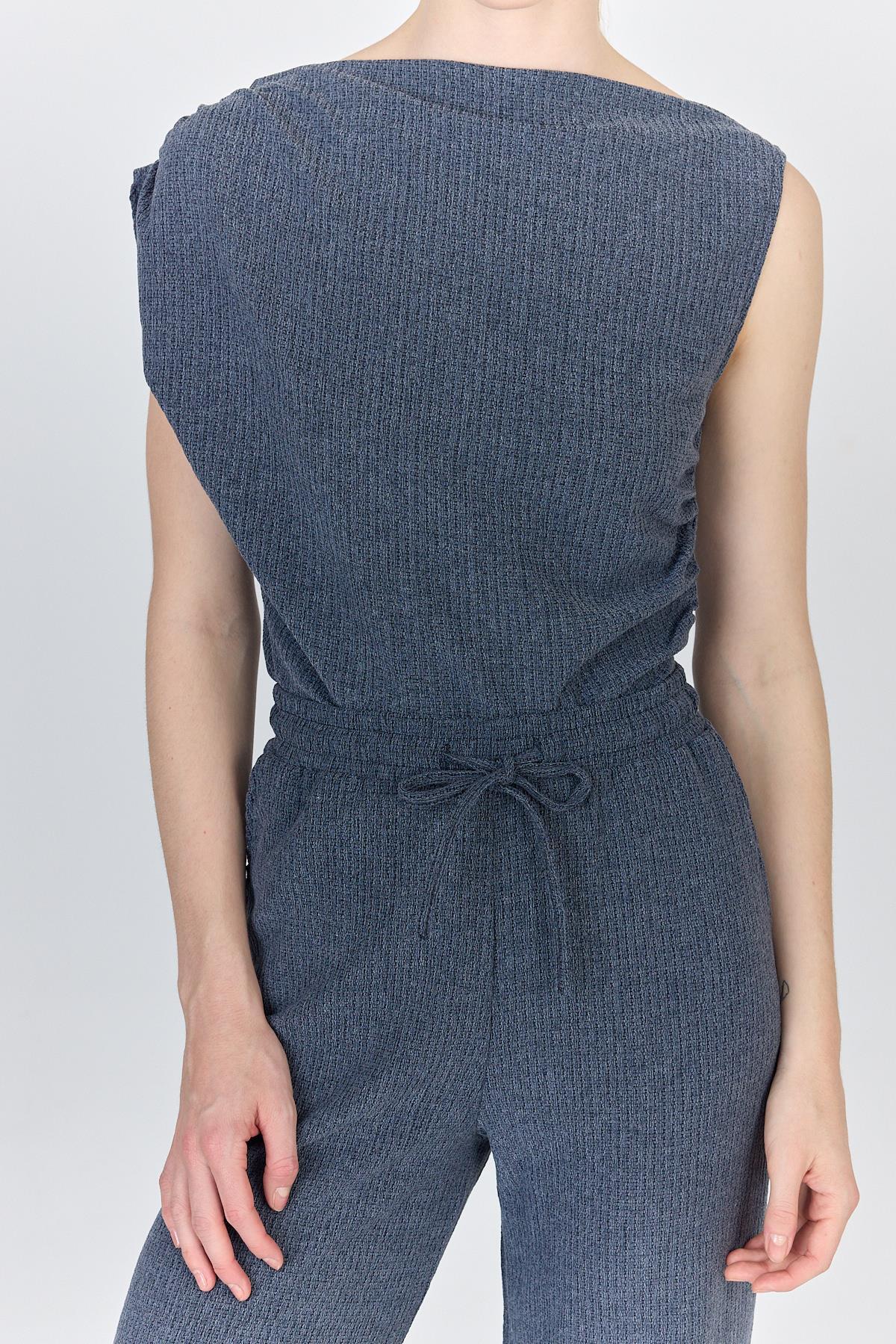 Mavi Asimetrik Omuz Detaylı Bluz ve Geniş Paça Pantolon Takım 1491 - RAYS