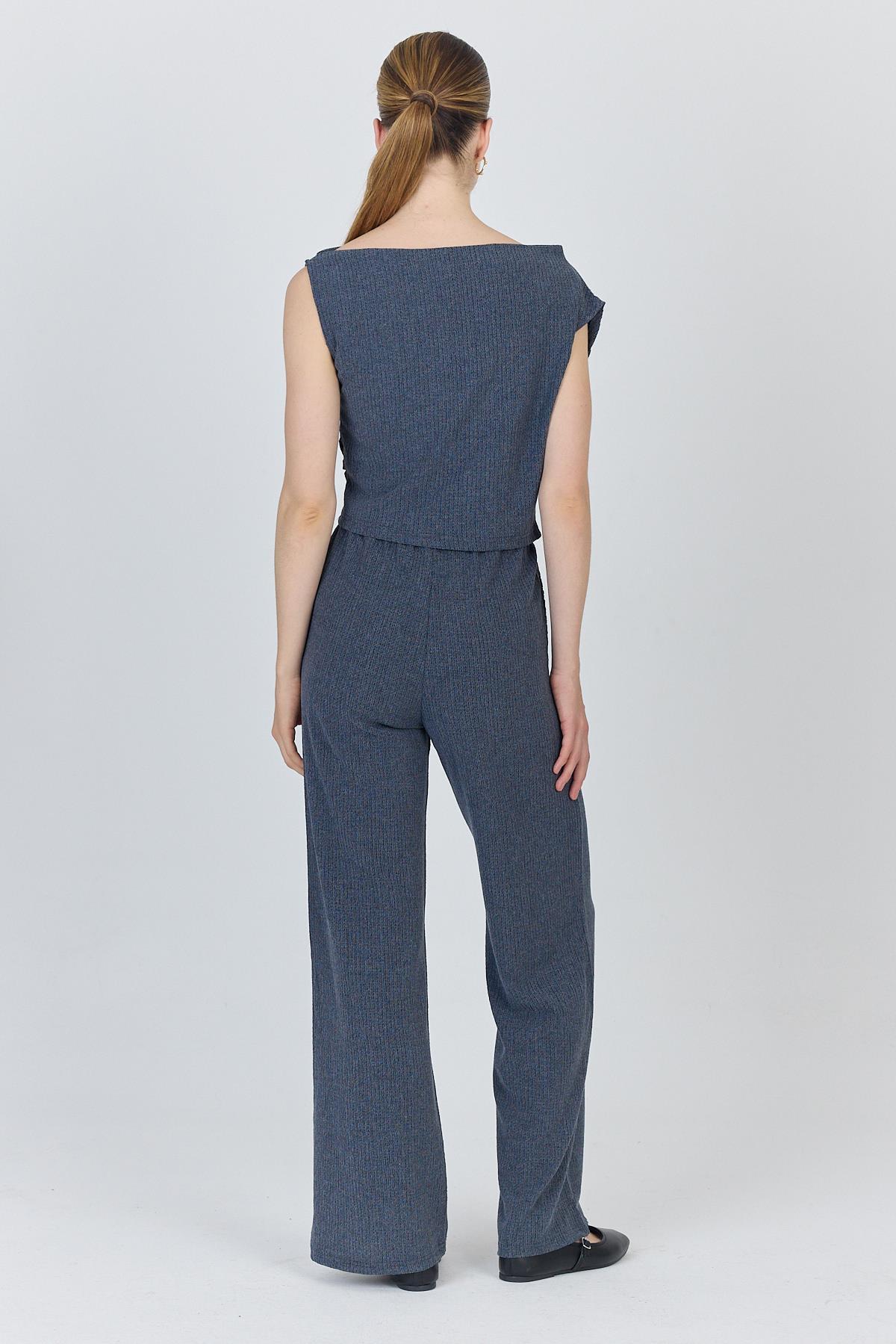 Mavi Asimetrik Omuz Detaylı Bluz ve Geniş Paça Pantolon Takım 1491 - 5