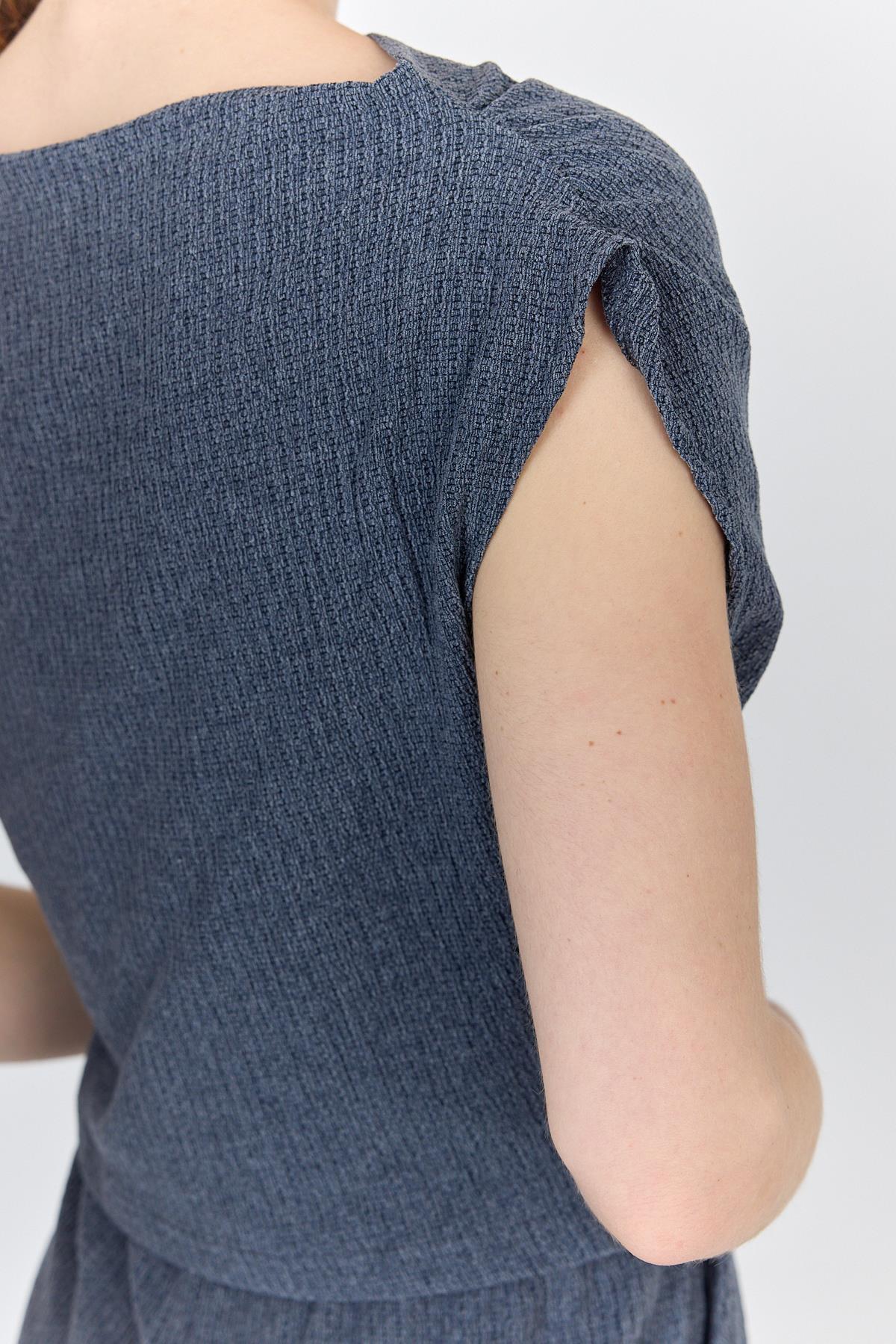 Mavi Asimetrik Omuz Detaylı Bluz ve Geniş Paça Pantolon Takım 1491 - 6