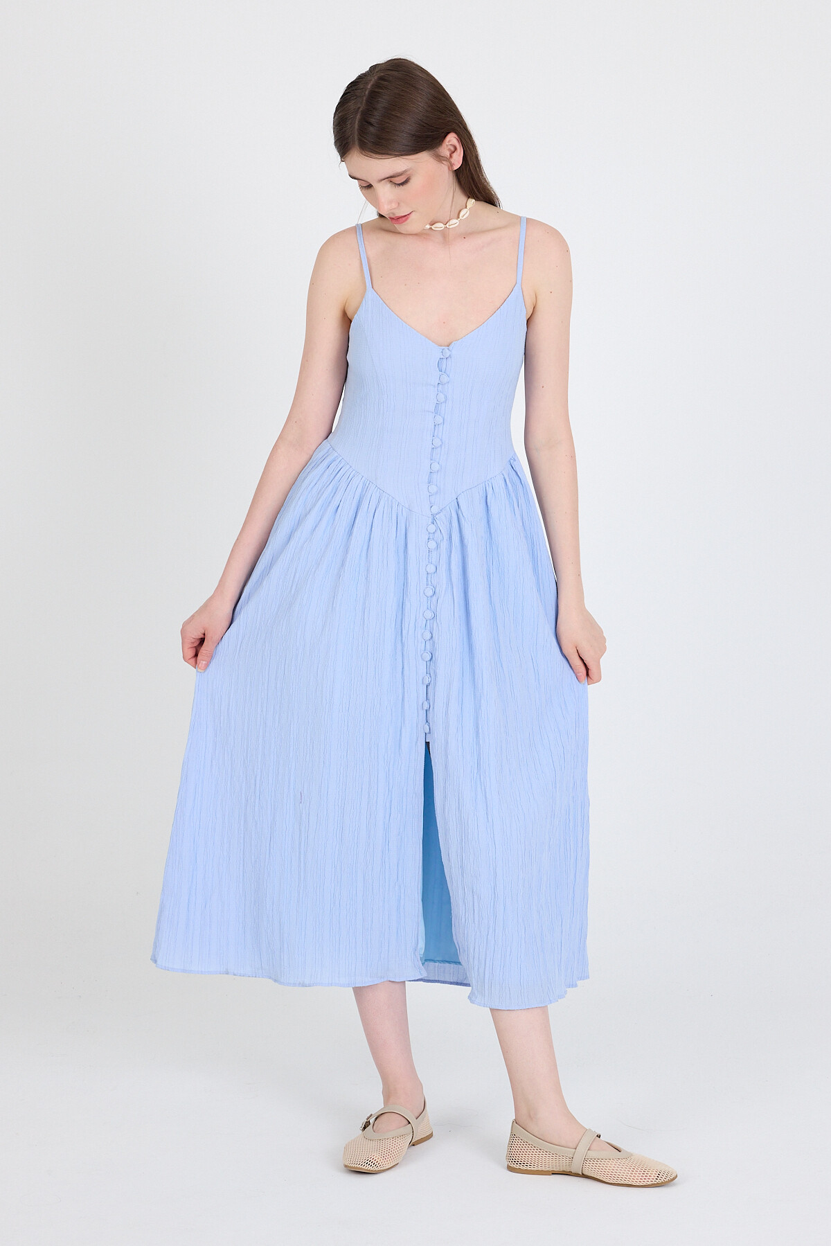 Mavi Askılı V Yaka Düğmeli Midi Elbise 2487 - 3