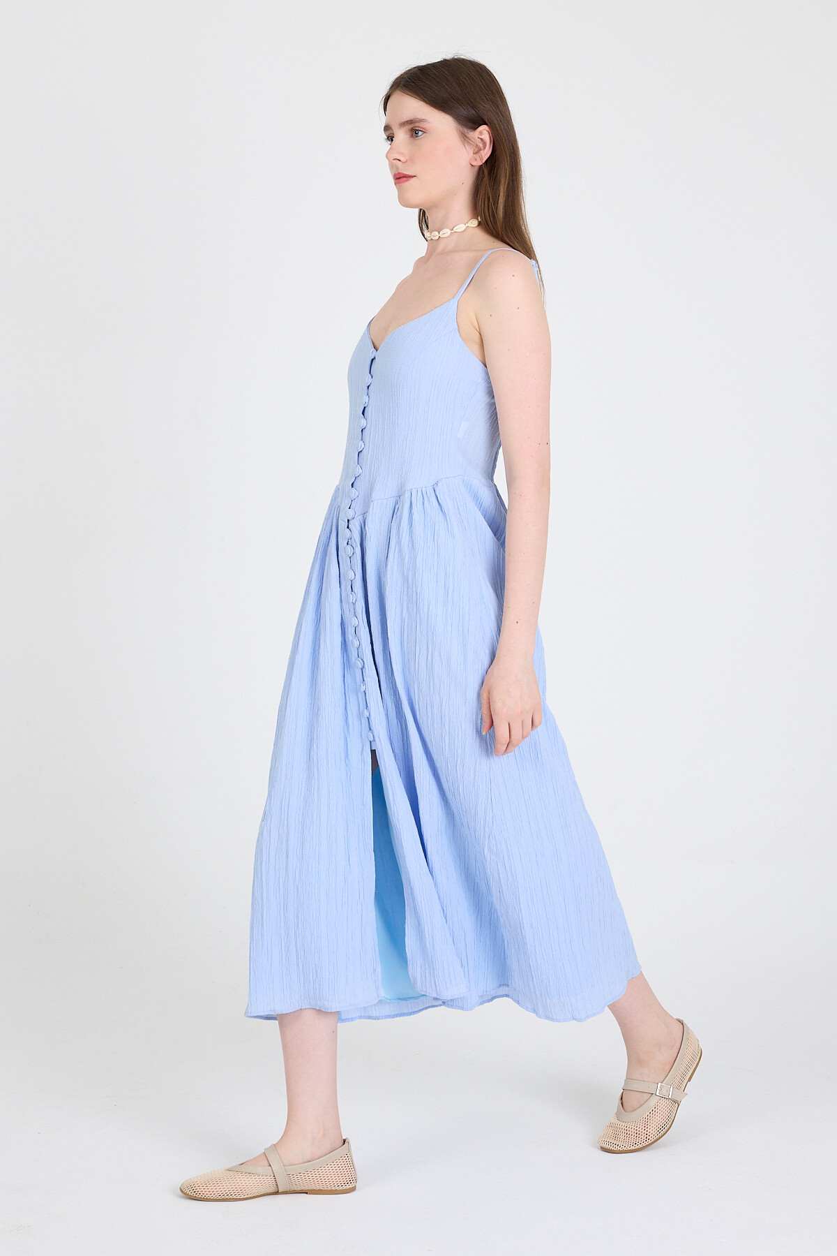 Mavi Askılı V Yaka Düğmeli Midi Elbise 2487 - 7