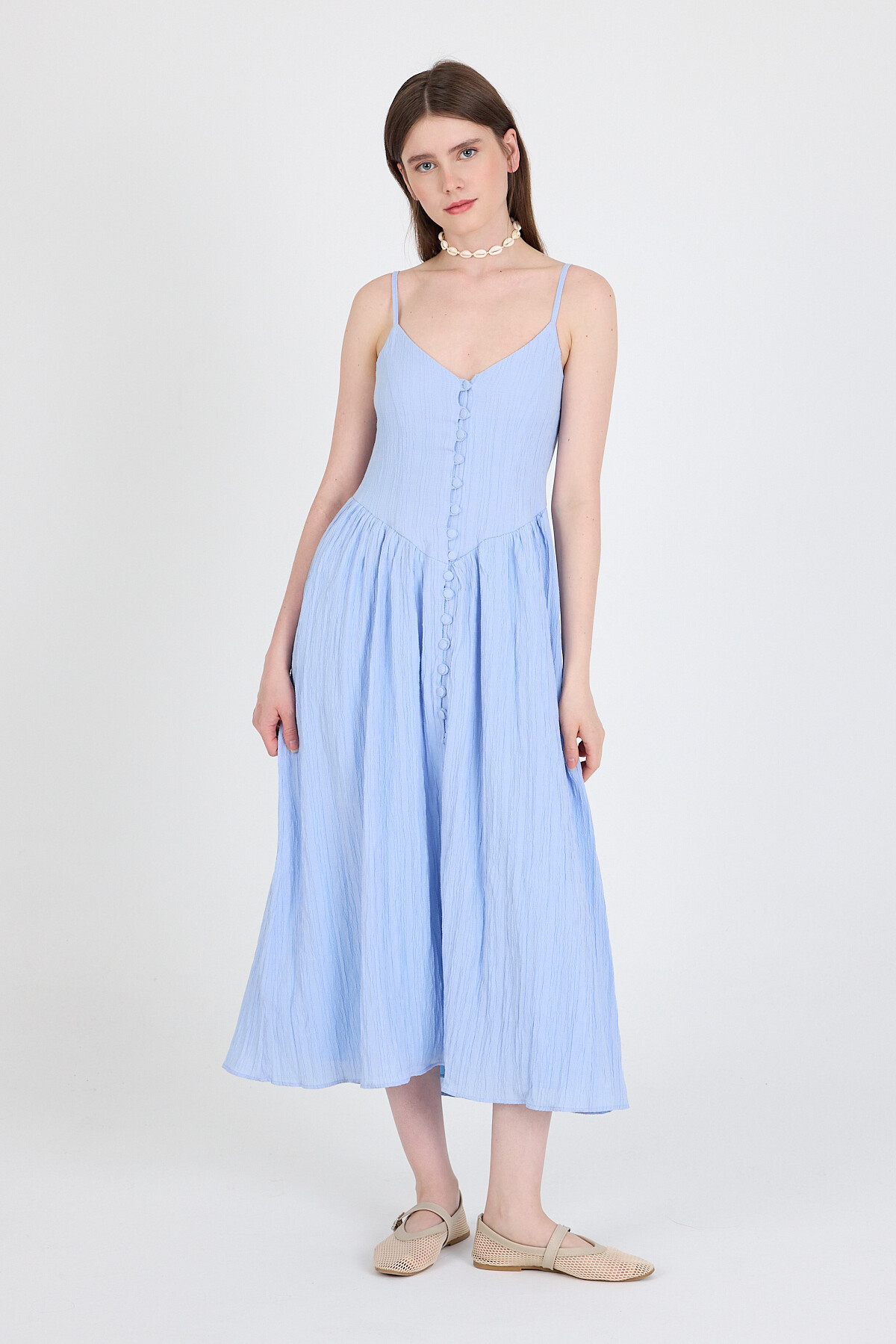 Mavi Askılı V Yaka Düğmeli Midi Elbise 2487 - 1