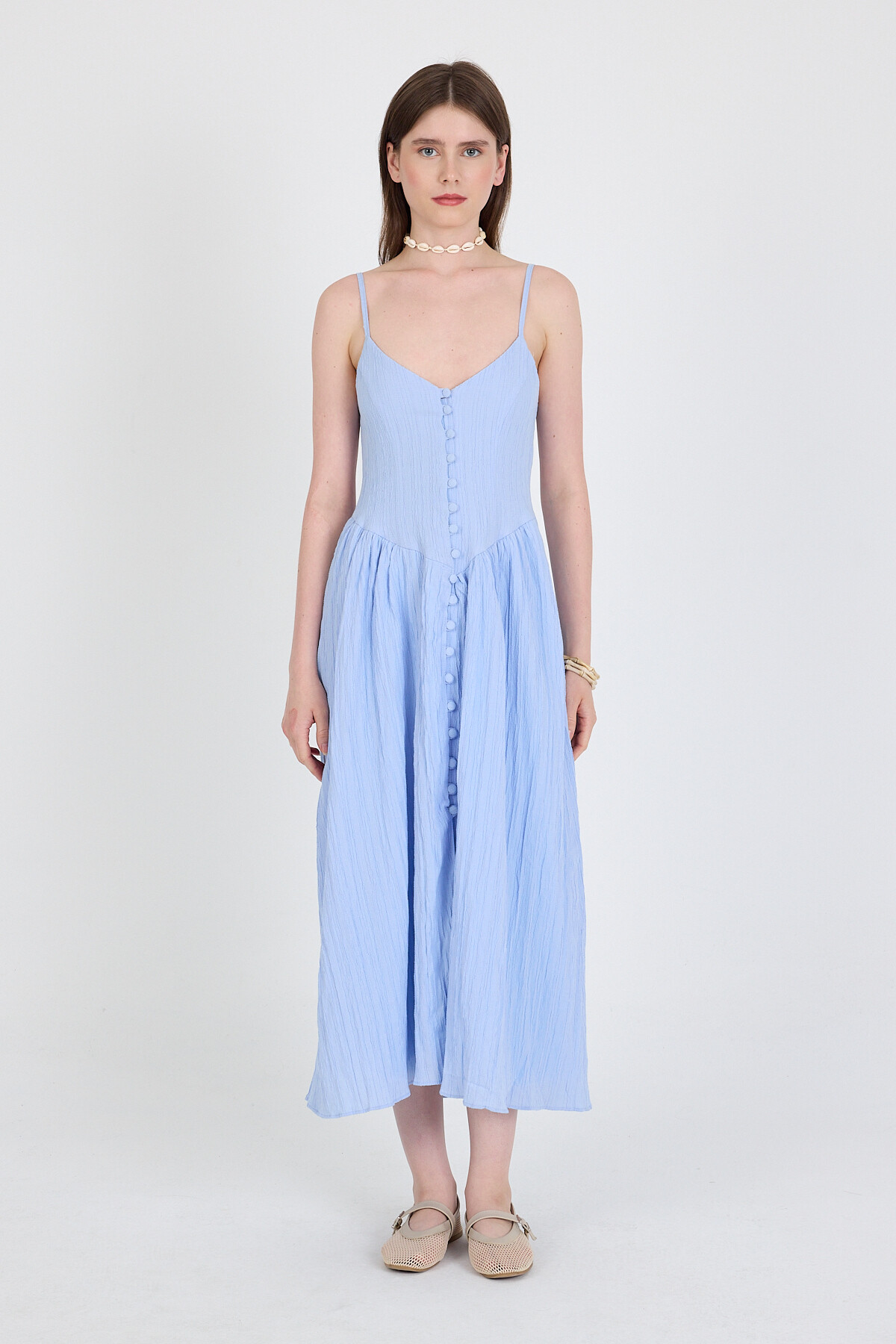 Mavi Askılı V Yaka Düğmeli Midi Elbise 2487 - 2