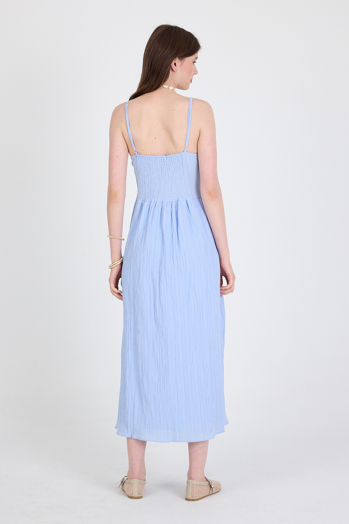 Mavi Askılı V Yaka Düğmeli Midi Elbise 2487 - 5