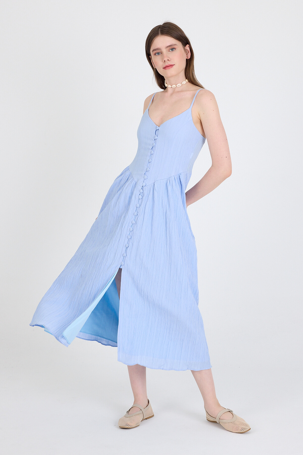 Mavi Askılı V Yaka Düğmeli Midi Elbise 2487 - 6