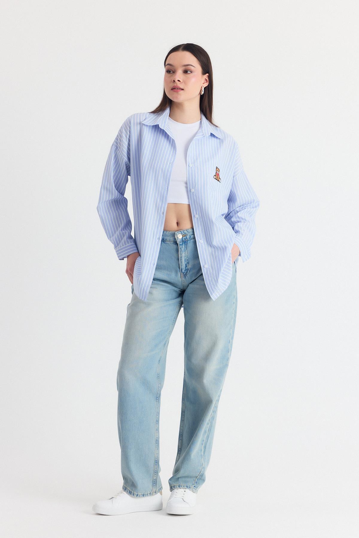 Mavi Ayıcık Nakışlı Oversize Gömlek 4689A - 3