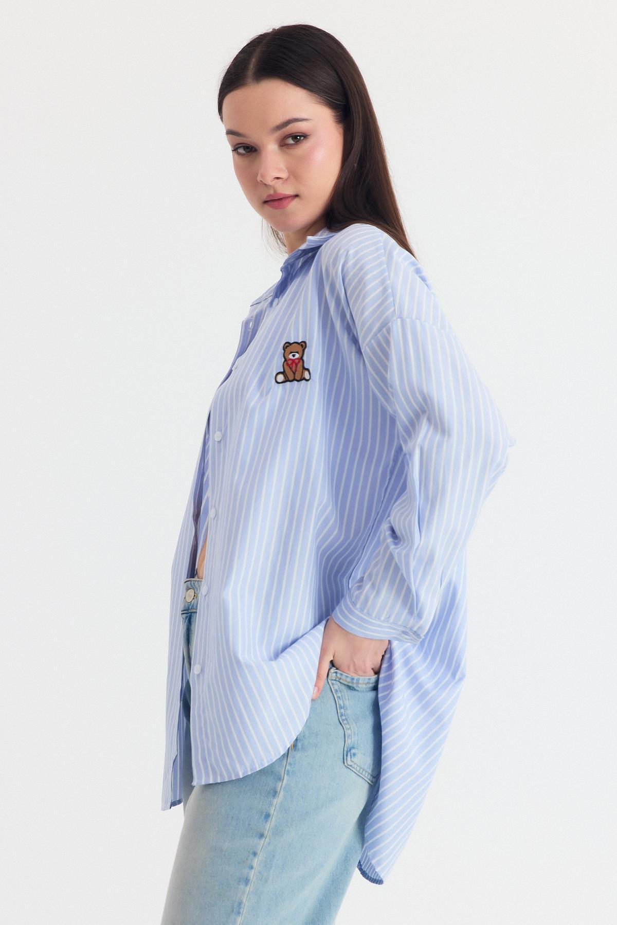 Mavi Ayıcık Nakışlı Oversize Gömlek 4689A - 2