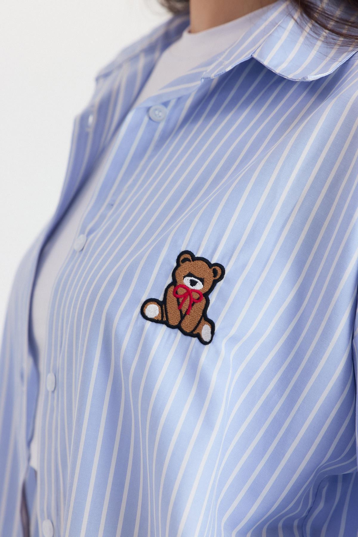 Mavi Ayıcık Nakışlı Oversize Gömlek 4689A - 4