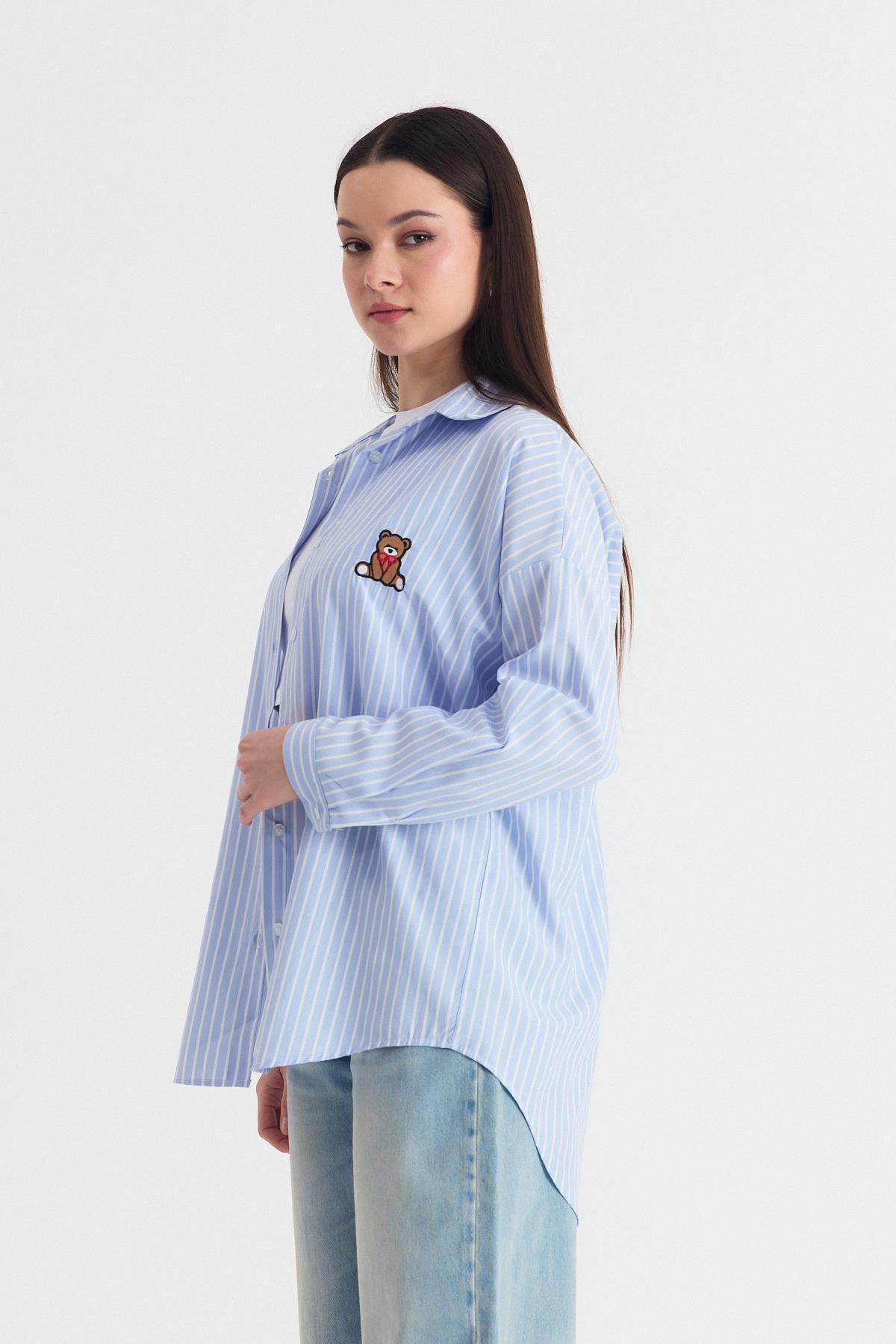 Mavi Ayıcık Nakışlı Oversize Gömlek 4689A - 7