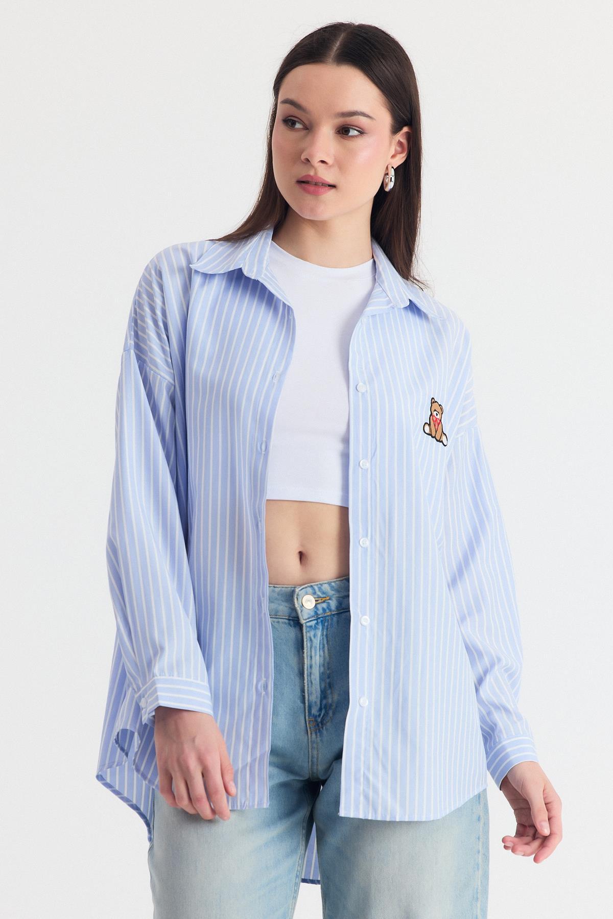 Mavi Ayıcık Nakışlı Oversize Gömlek 4689A - 8