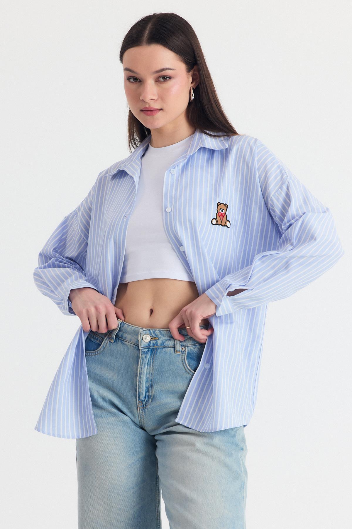 Mavi Ayıcık Nakışlı Oversize Gömlek 4689A - 9
