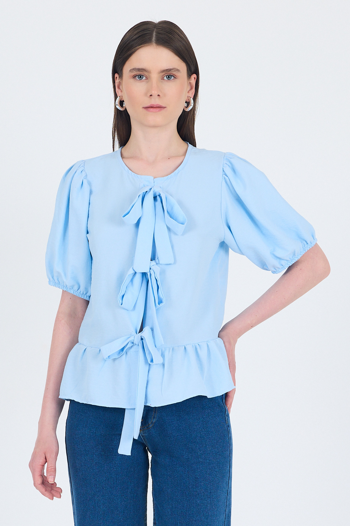Mavi Bağlama Detaylı Balon Kollu Bluz 4334A - 2