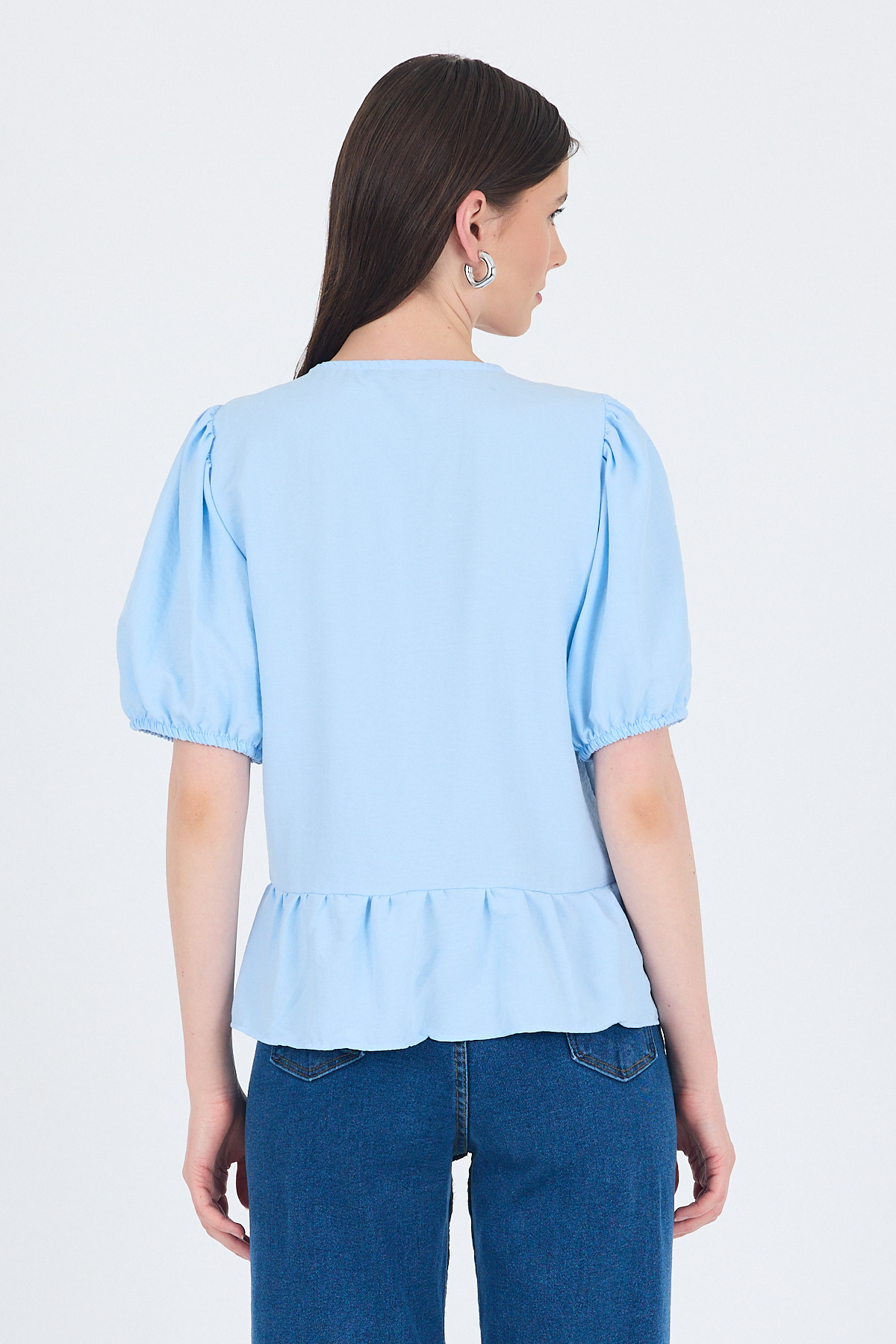 Mavi Bağlama Detaylı Balon Kollu Bluz 4334A - 5