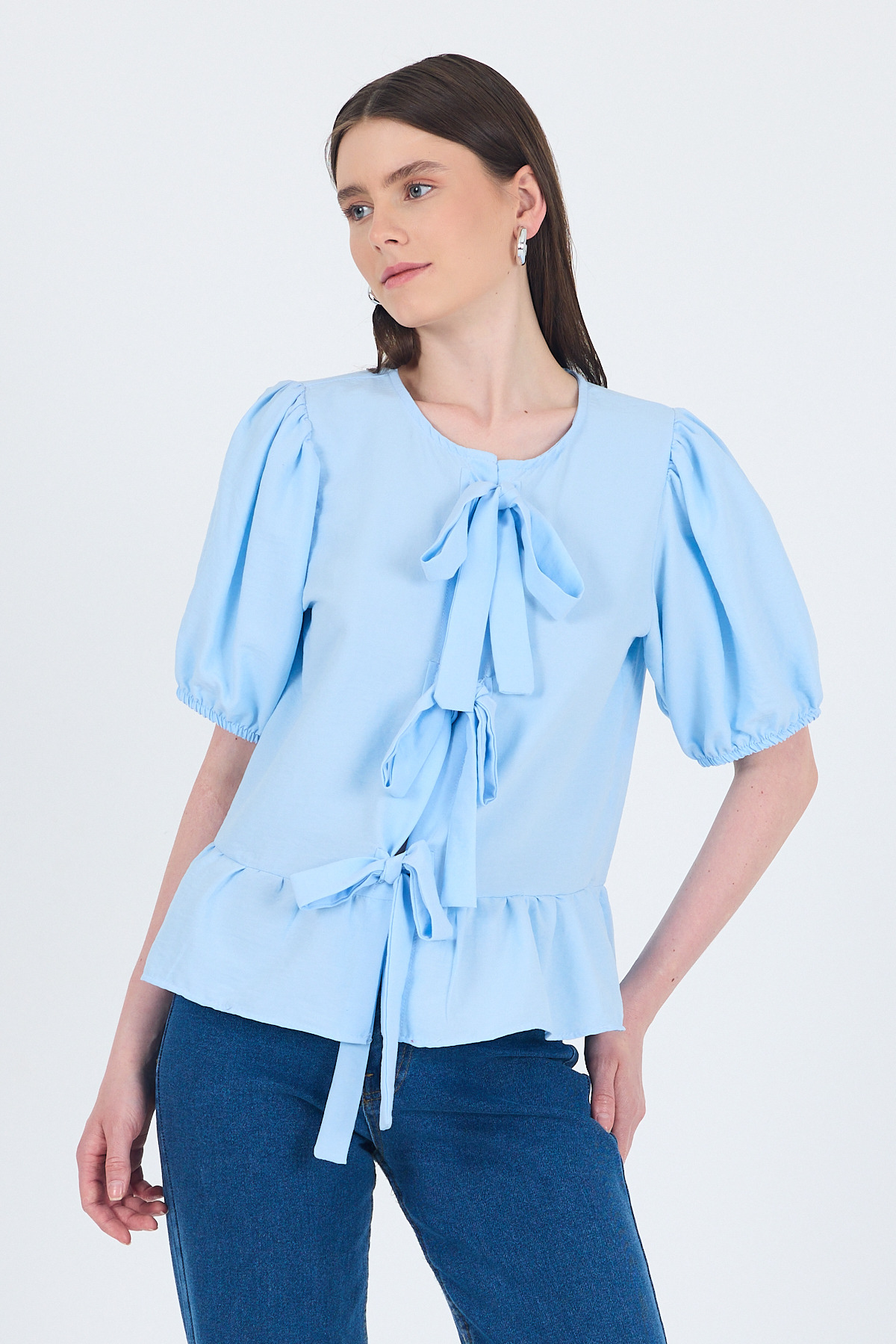 Mavi Bağlama Detaylı Balon Kollu Bluz 4334A - 6