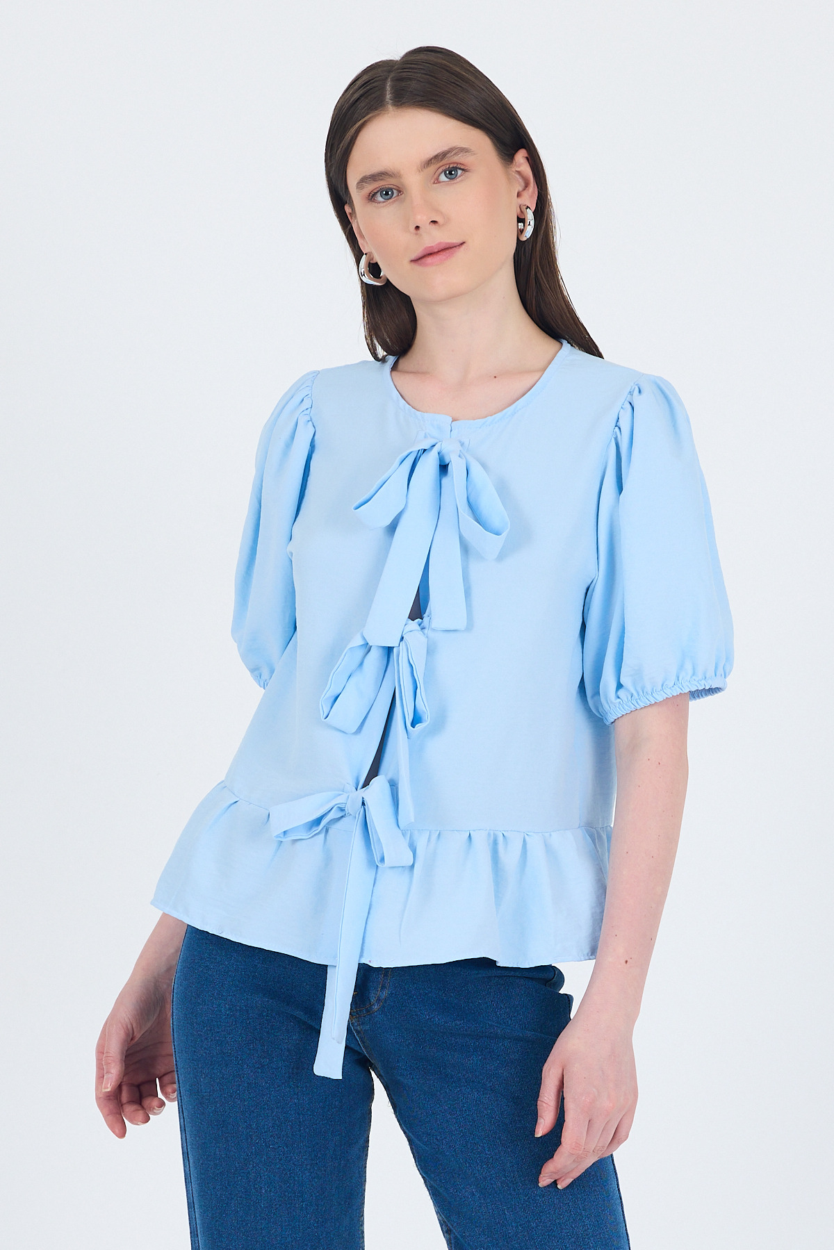Mavi Bağlama Detaylı Balon Kollu Bluz 4334A - 1