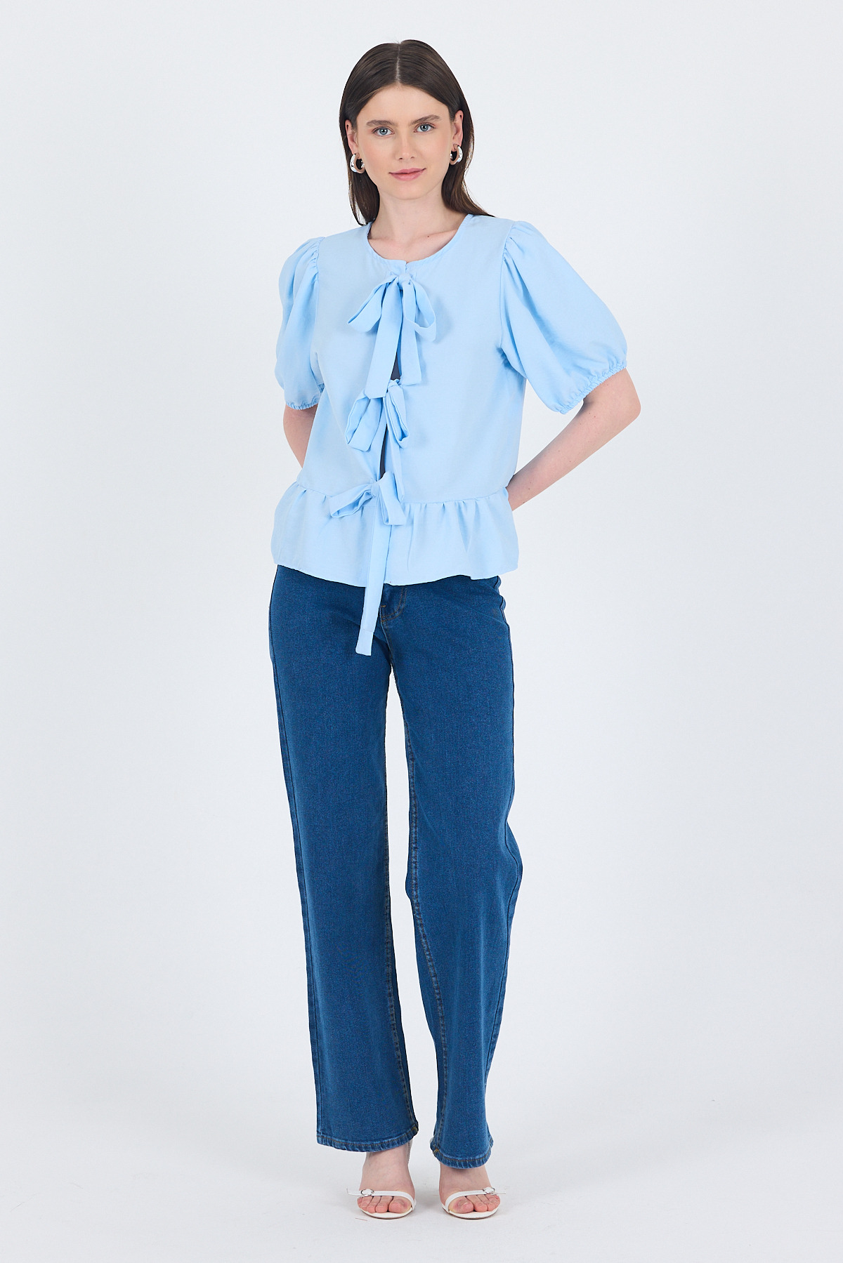 Mavi Bağlama Detaylı Balon Kollu Bluz 4334A - 3
