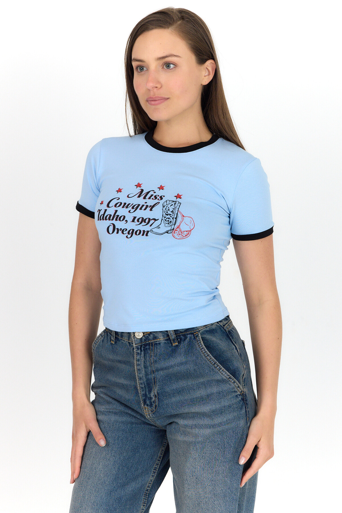 Mavi Baskılı Ribana Detaylı Pamuklu Crop Tişört 9191M - RAYS