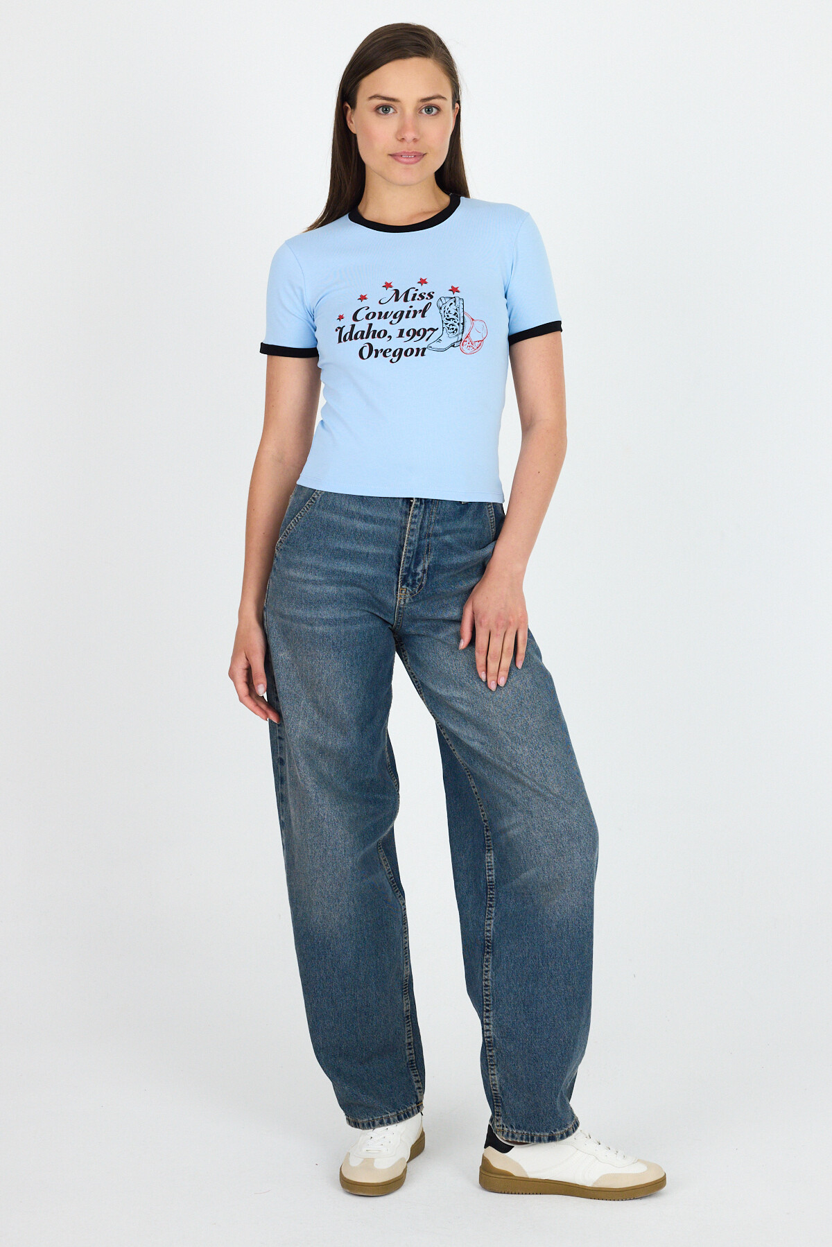 Mavi Baskılı Ribana Detaylı Pamuklu Crop Tişört 9191M - 3