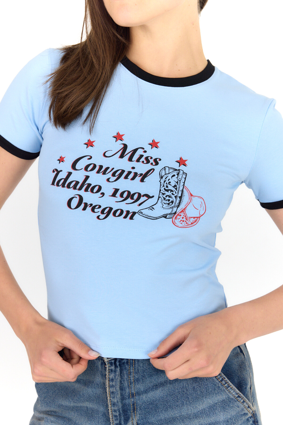 Mavi Baskılı Ribana Detaylı Pamuklu Crop Tişört 9191M - 4