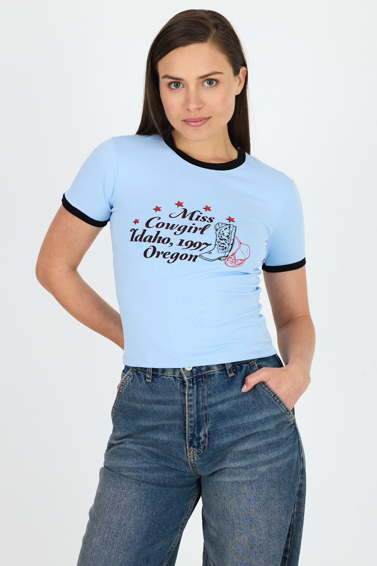 Mavi Baskılı Ribana Detaylı Pamuklu Crop Tişört 9191M - 1