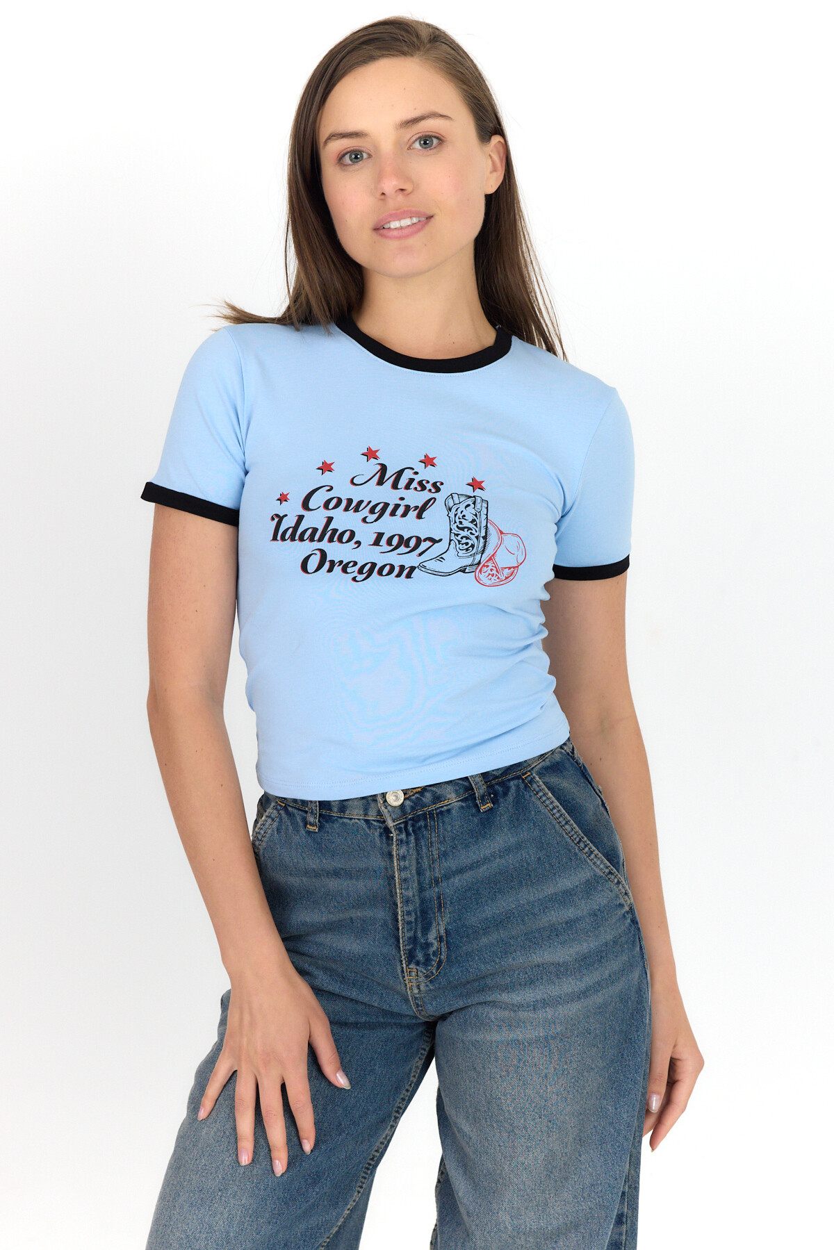 Mavi Baskılı Ribana Detaylı Pamuklu Crop Tişört 9191M - 6