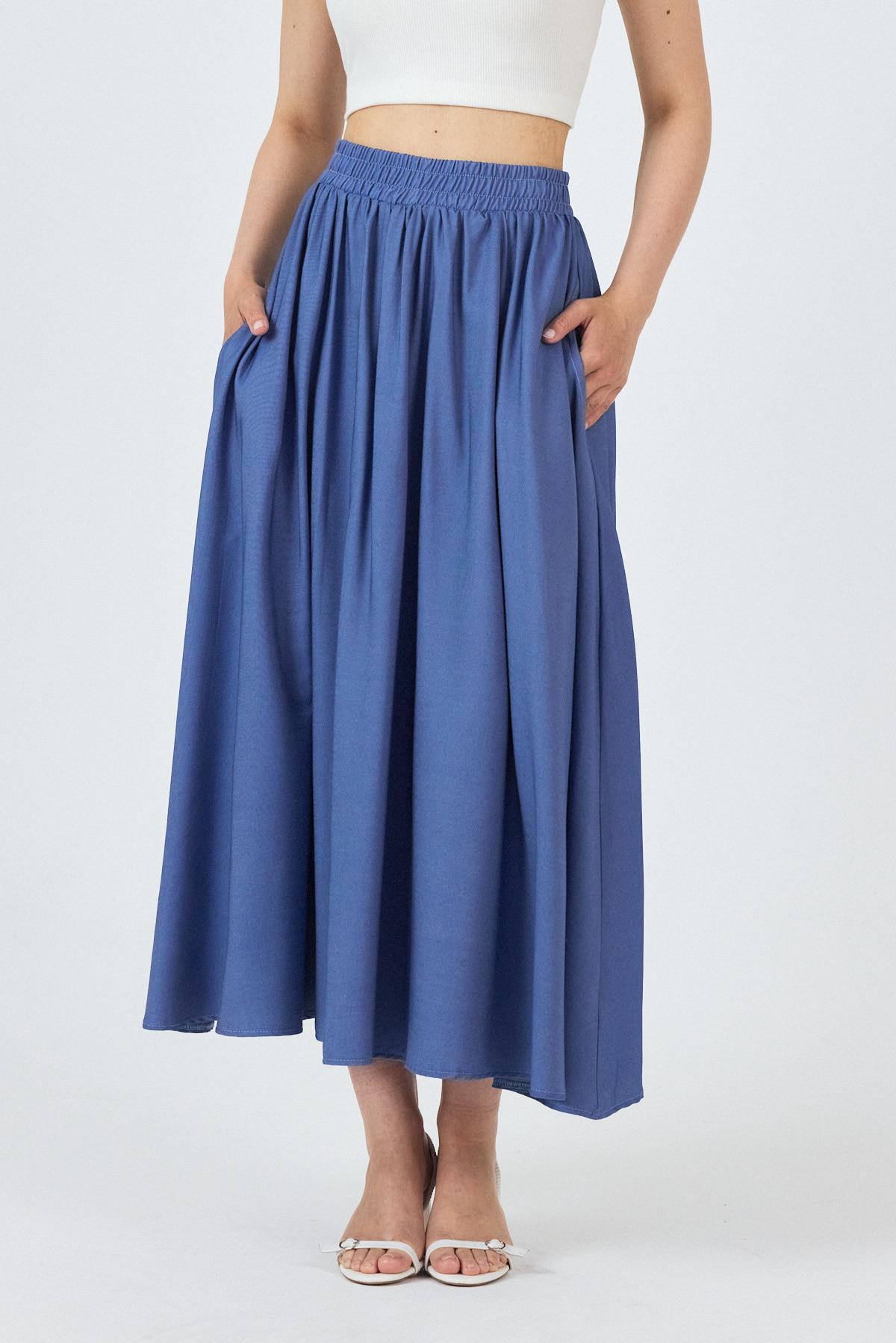 Mavi Bel Lastikli Cepli Kloş Etek 4722A - 3