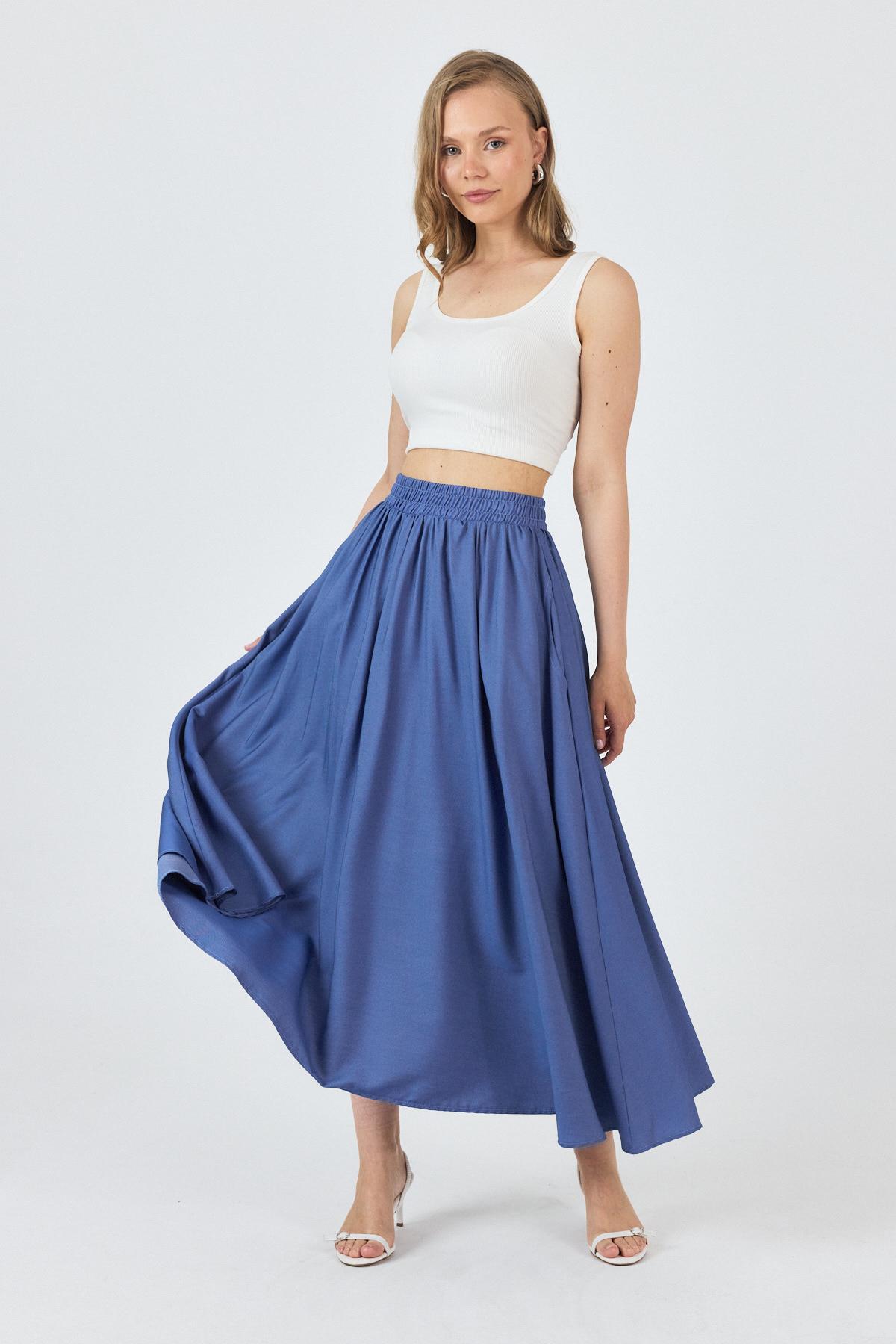 Mavi Bel Lastikli Cepli Kloş Etek 4722A - 2