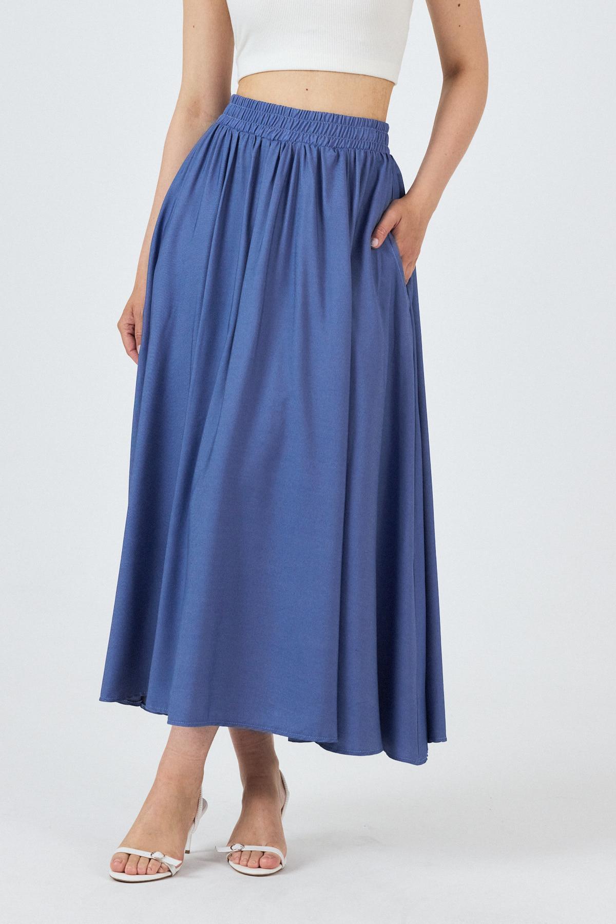 Mavi Bel Lastikli Cepli Kloş Etek 4722A - 4