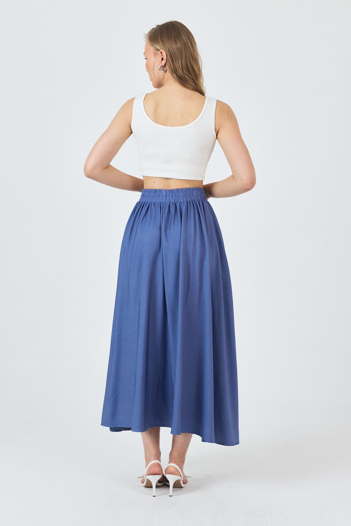 Mavi Bel Lastikli Cepli Kloş Etek 4722A - 5