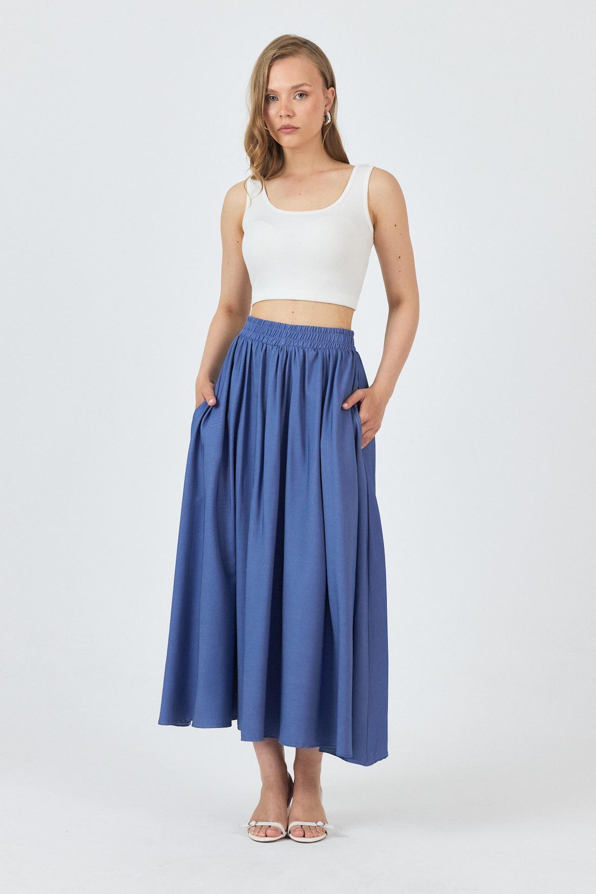 Mavi Bel Lastikli Cepli Kloş Etek 4722A - 6