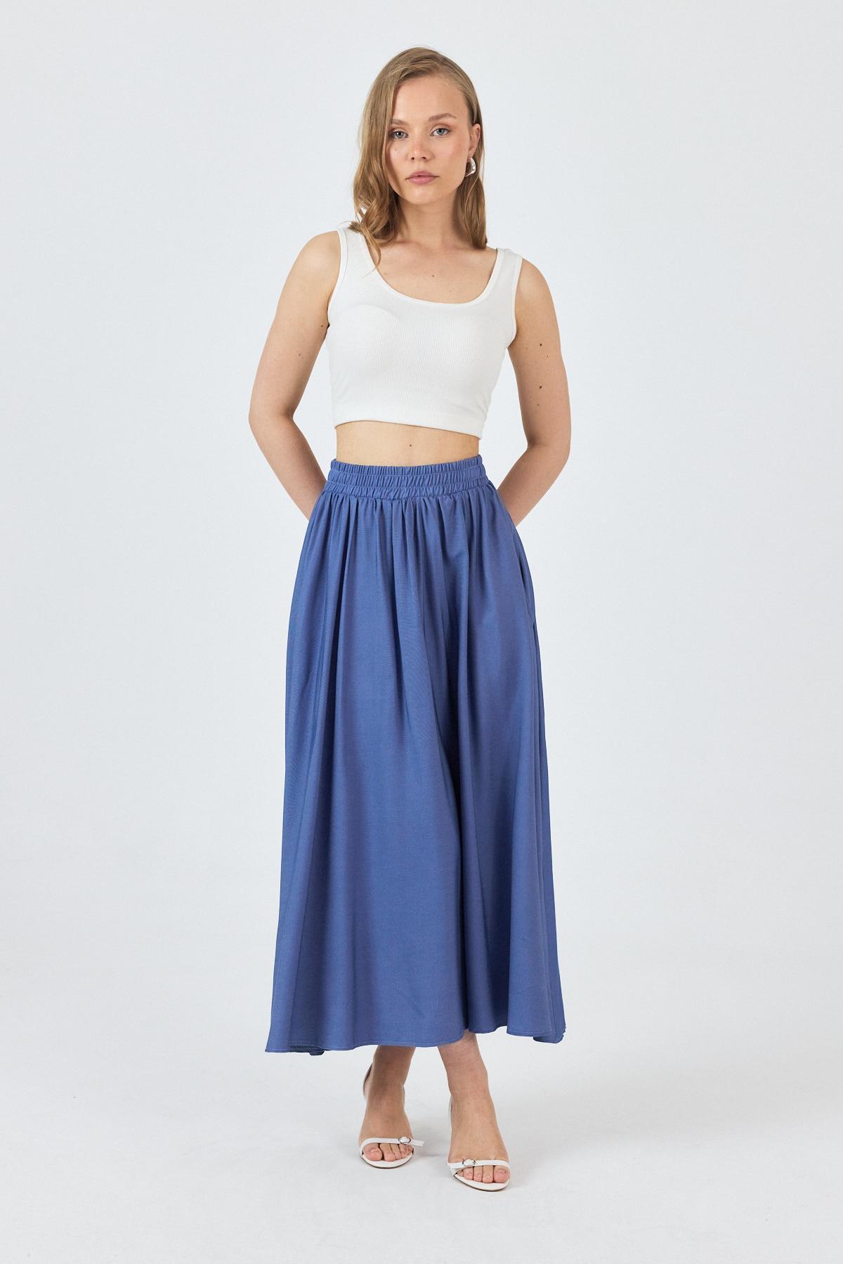 Mavi Bel Lastikli Cepli Kloş Etek 4722A - 7