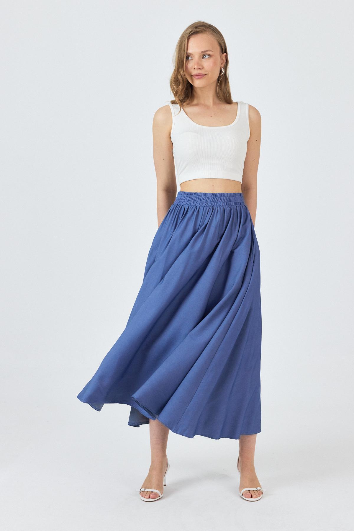 Mavi Bel Lastikli Cepli Kloş Etek 4722A - 8