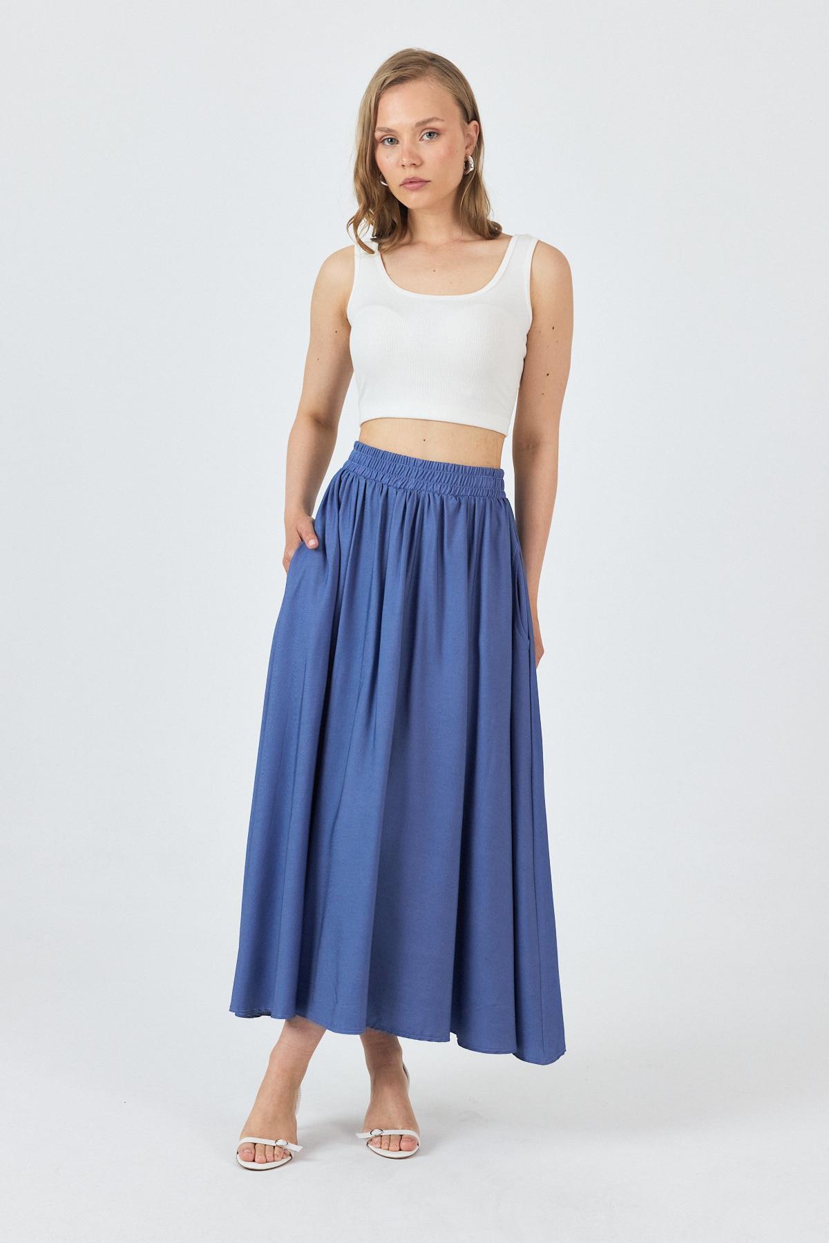 Mavi Bel Lastikli Cepli Kloş Etek 4722A 