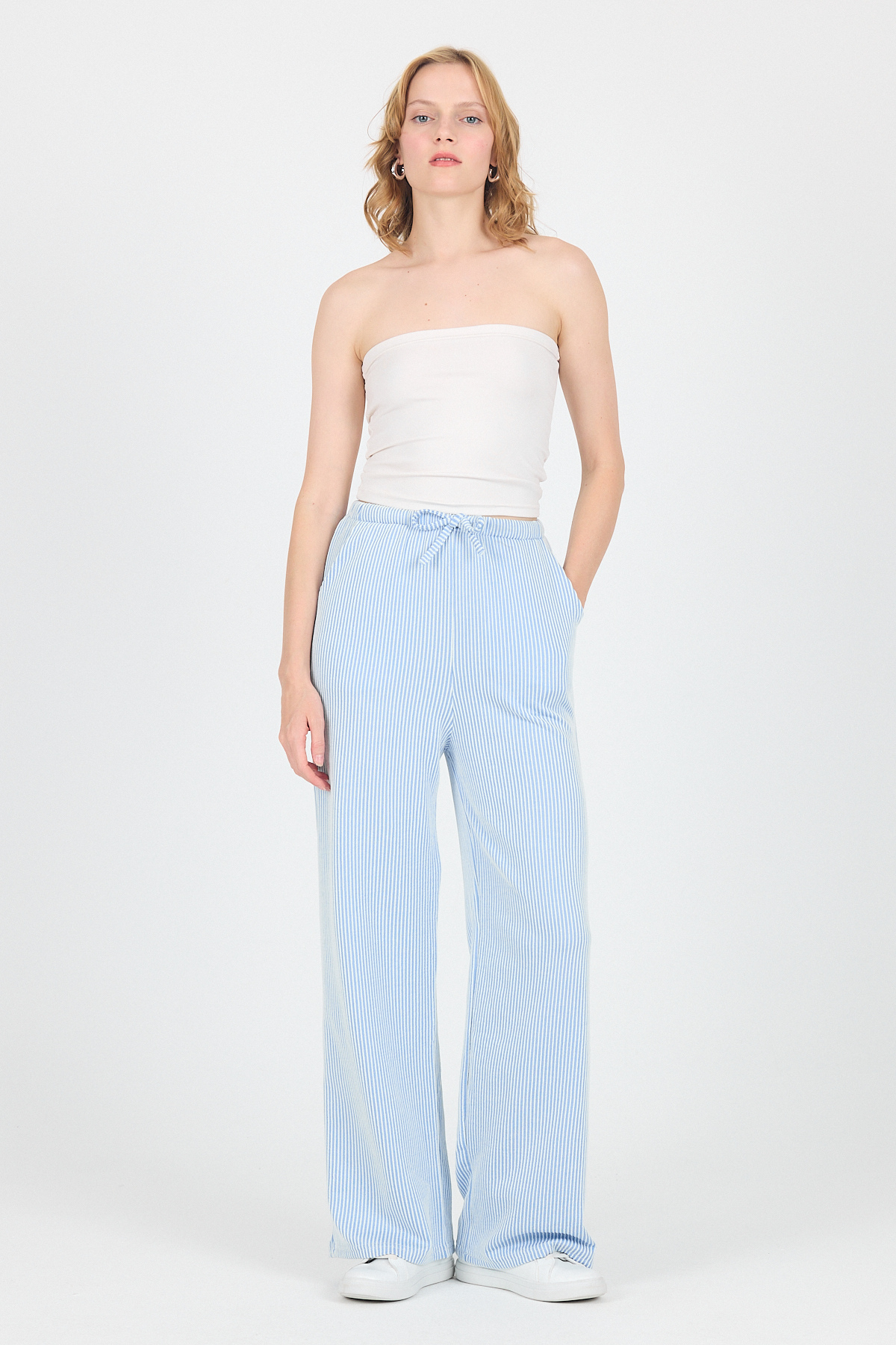 Mavi Beli Lastikli Çizgili Geniş Paça Dokuma Pantolon 4098 - 2