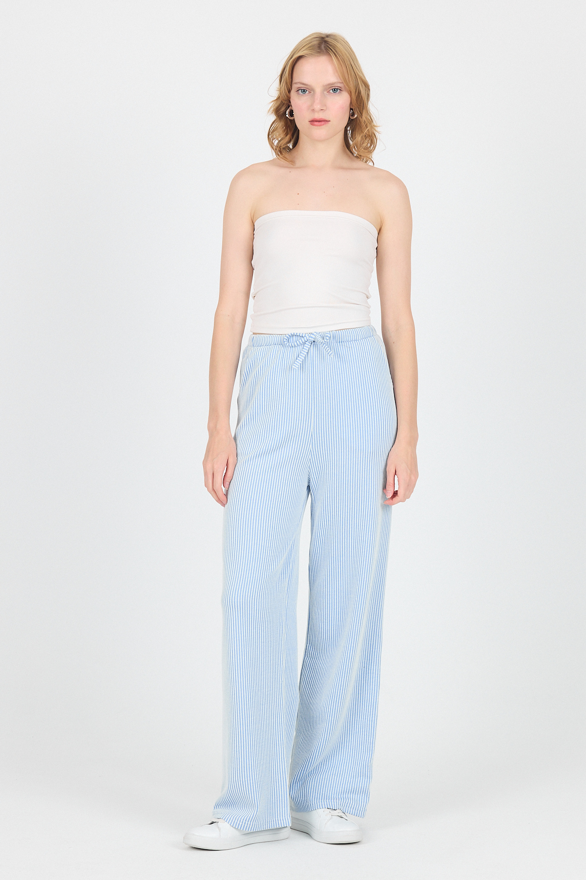 Mavi Beli Lastikli Çizgili Geniş Paça Dokuma Pantolon 4098 - 7