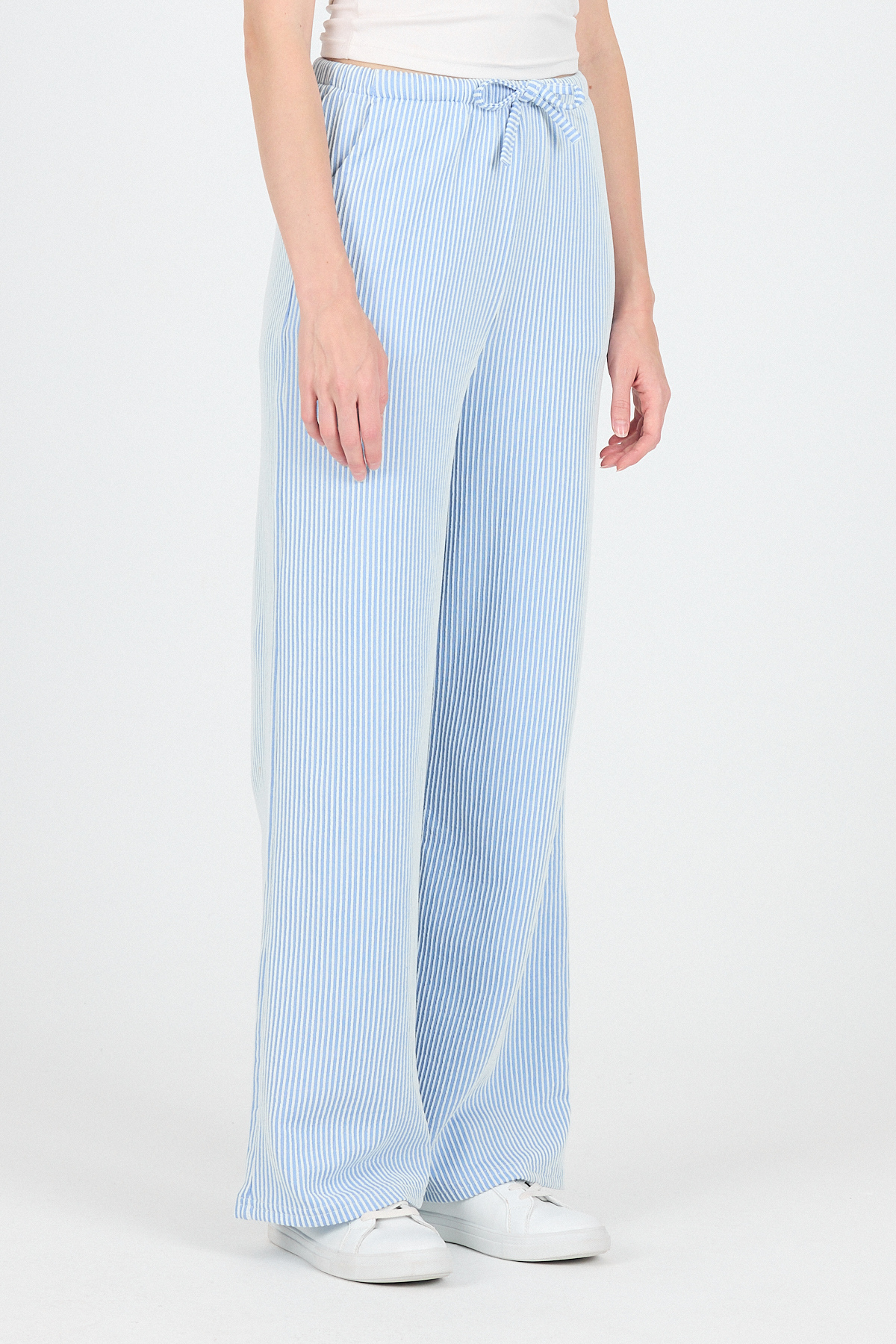 Mavi Beli Lastikli Çizgili Geniş Paça Dokuma Pantolon 4098 - 3