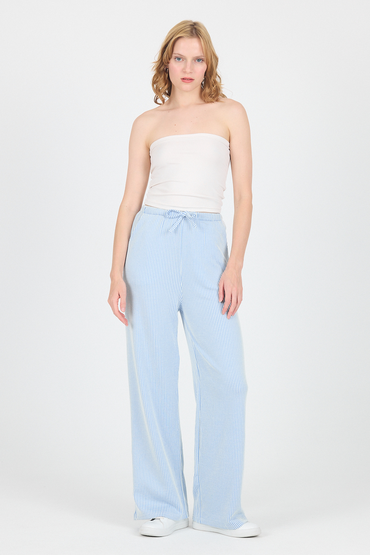 Mavi Beli Lastikli Çizgili Geniş Paça Dokuma Pantolon 4098 - 6