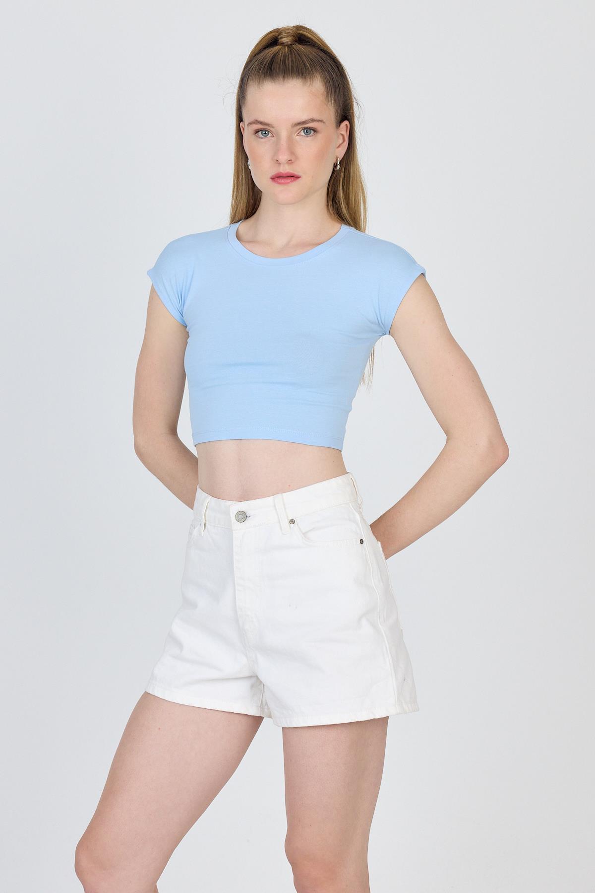Mavi Bisiklet Yaka Pamuklu Slim Fit Crop Tişört 9199M - RAYS